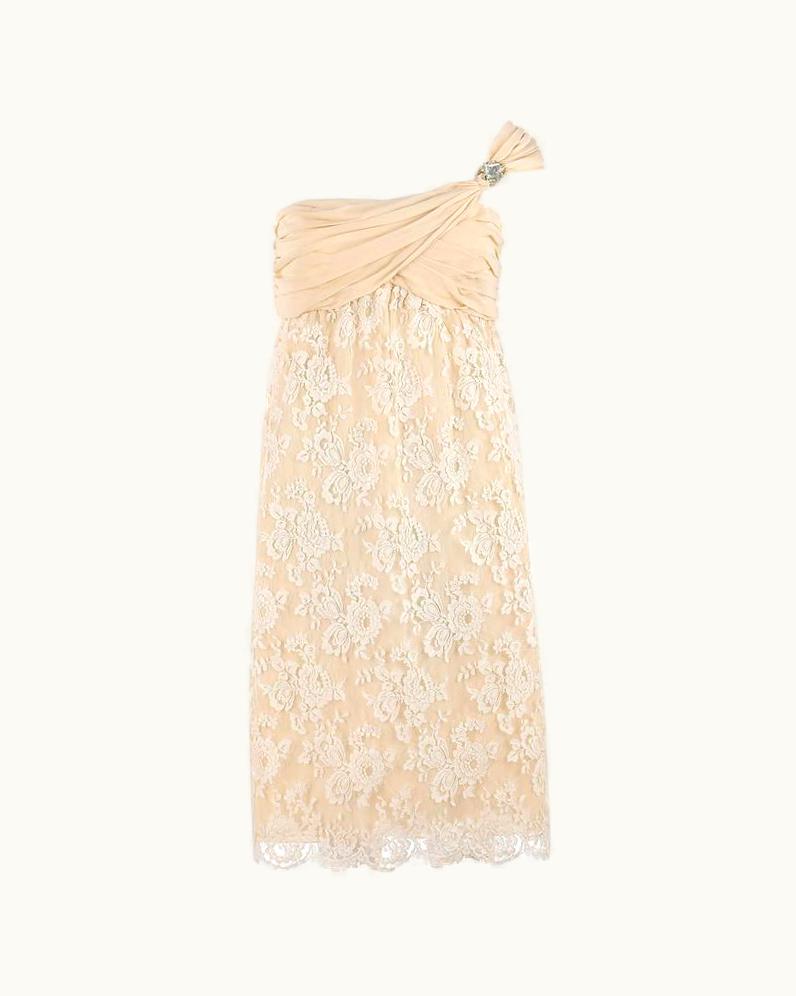 Valentino AW 2007 Beige Georgette Floral Lace One Shoulder Cocktail Dress Nwt