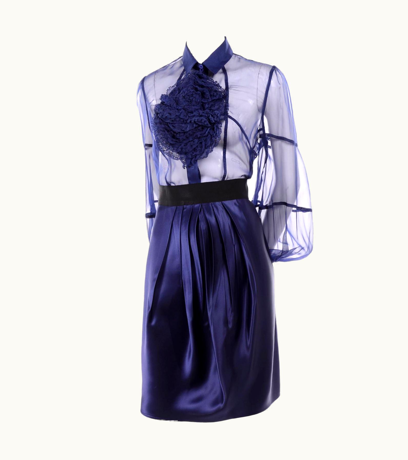 Valentino Fall Winter 2008 Runway Sheer Blouse & Skirt In Blue Silk & Organza