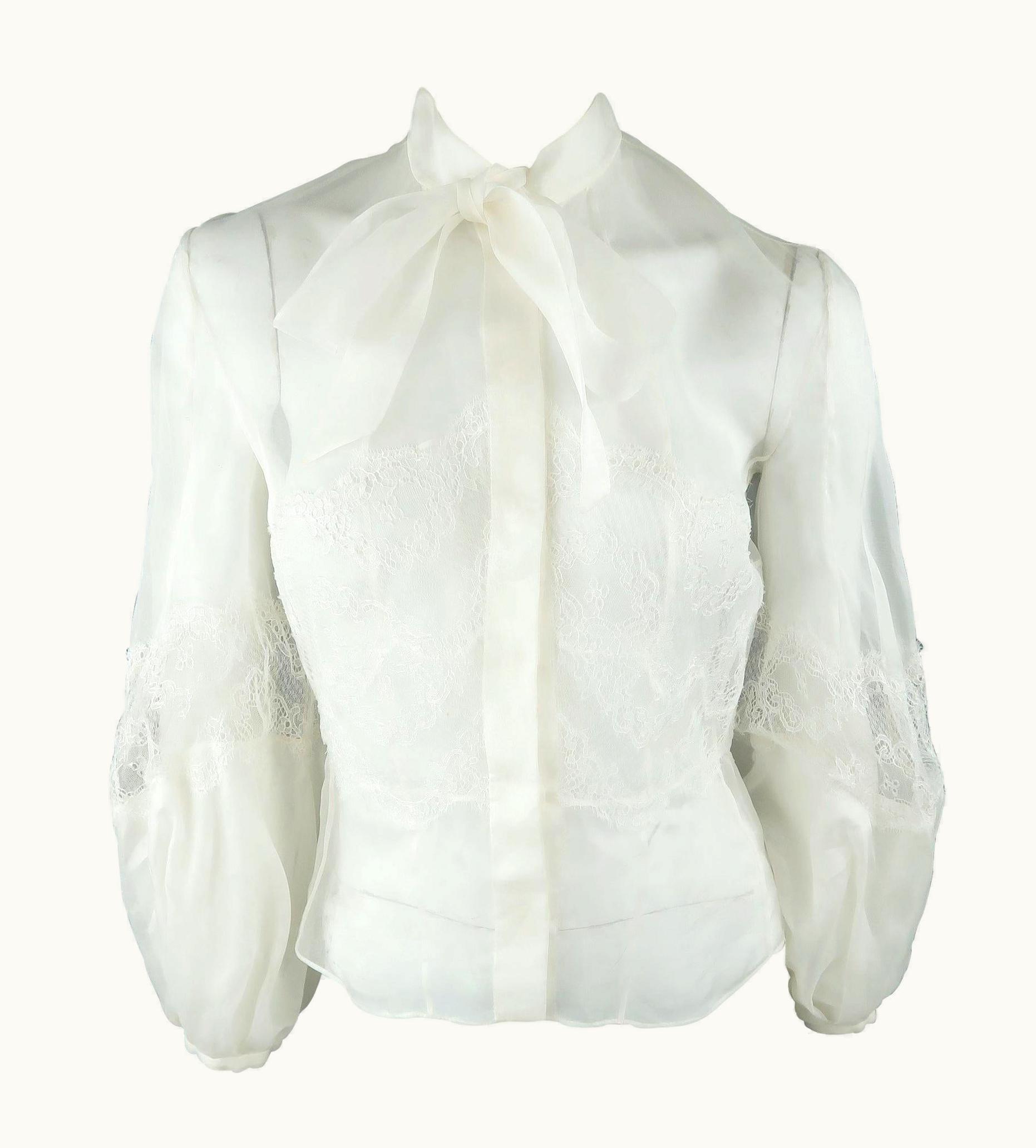 Valentino Cream Silk Organza Lace Panel Bow Blouse