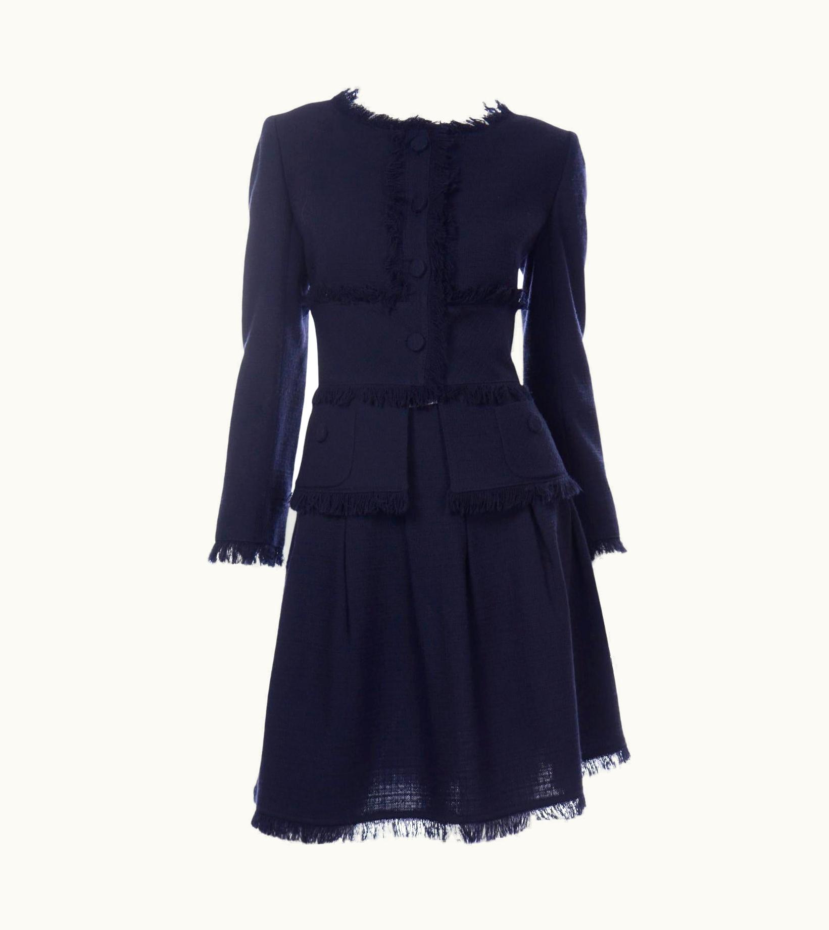 Valentino Midnight Blue Wool Fringe Trim Skirt & Jacket Suit W Original Tags