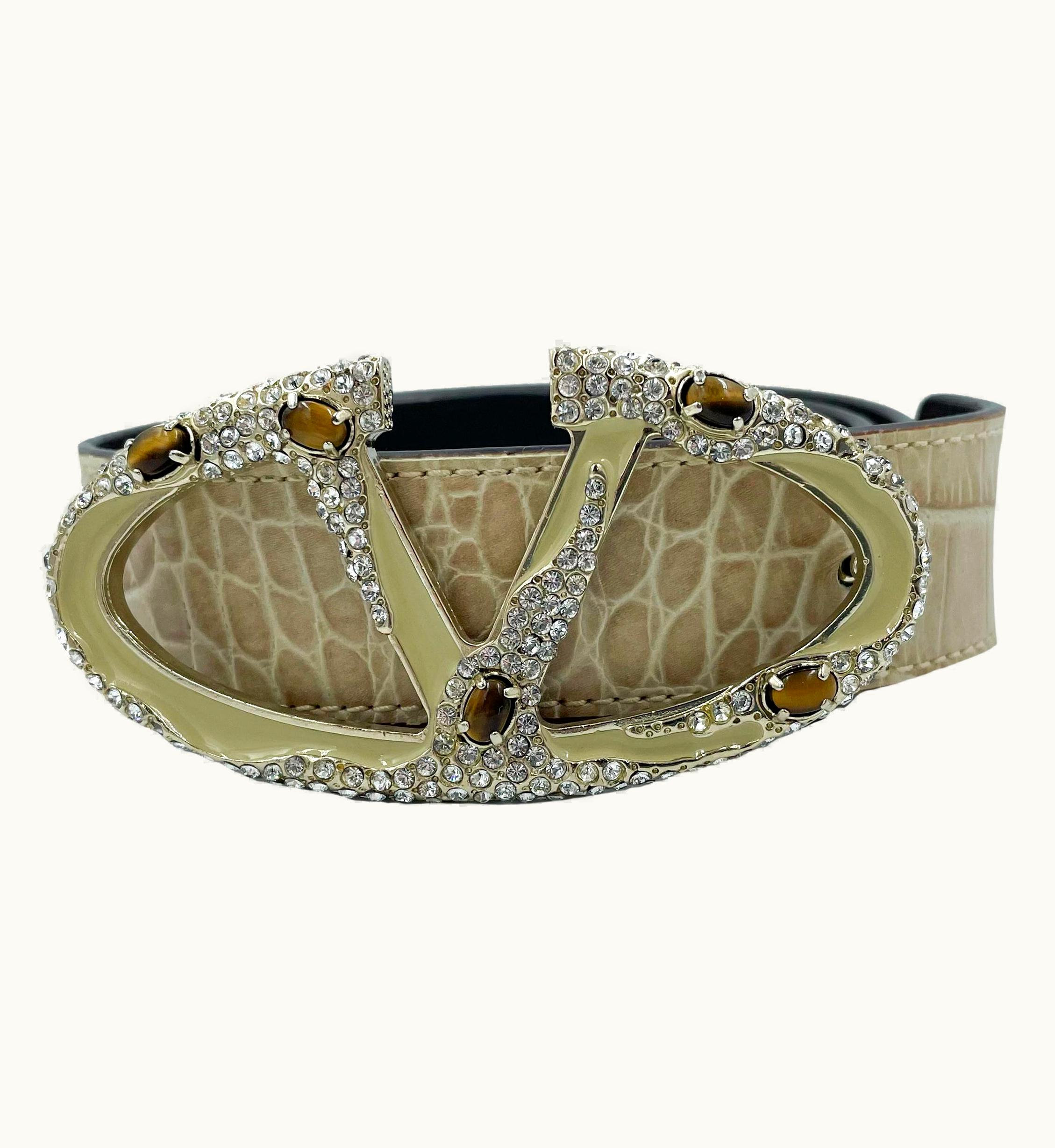 Valentino Vintage Valentino Garavani Rhinestone V-bucke Textured Leather Belt, 2000s