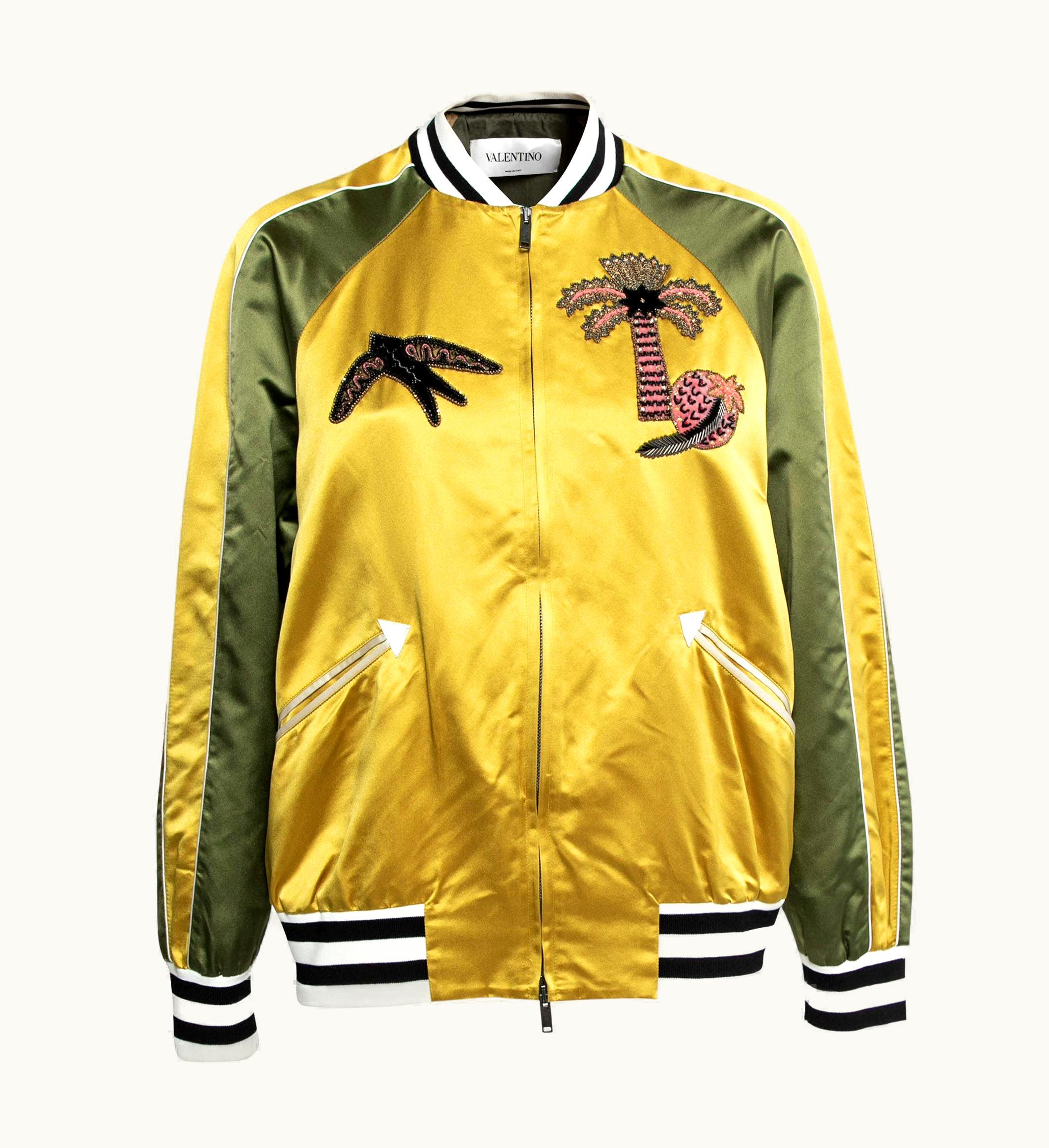 Valentino Yellow & Green Silk Satin Embroidered Patch Detail Bomber Jacket UZ0611836
