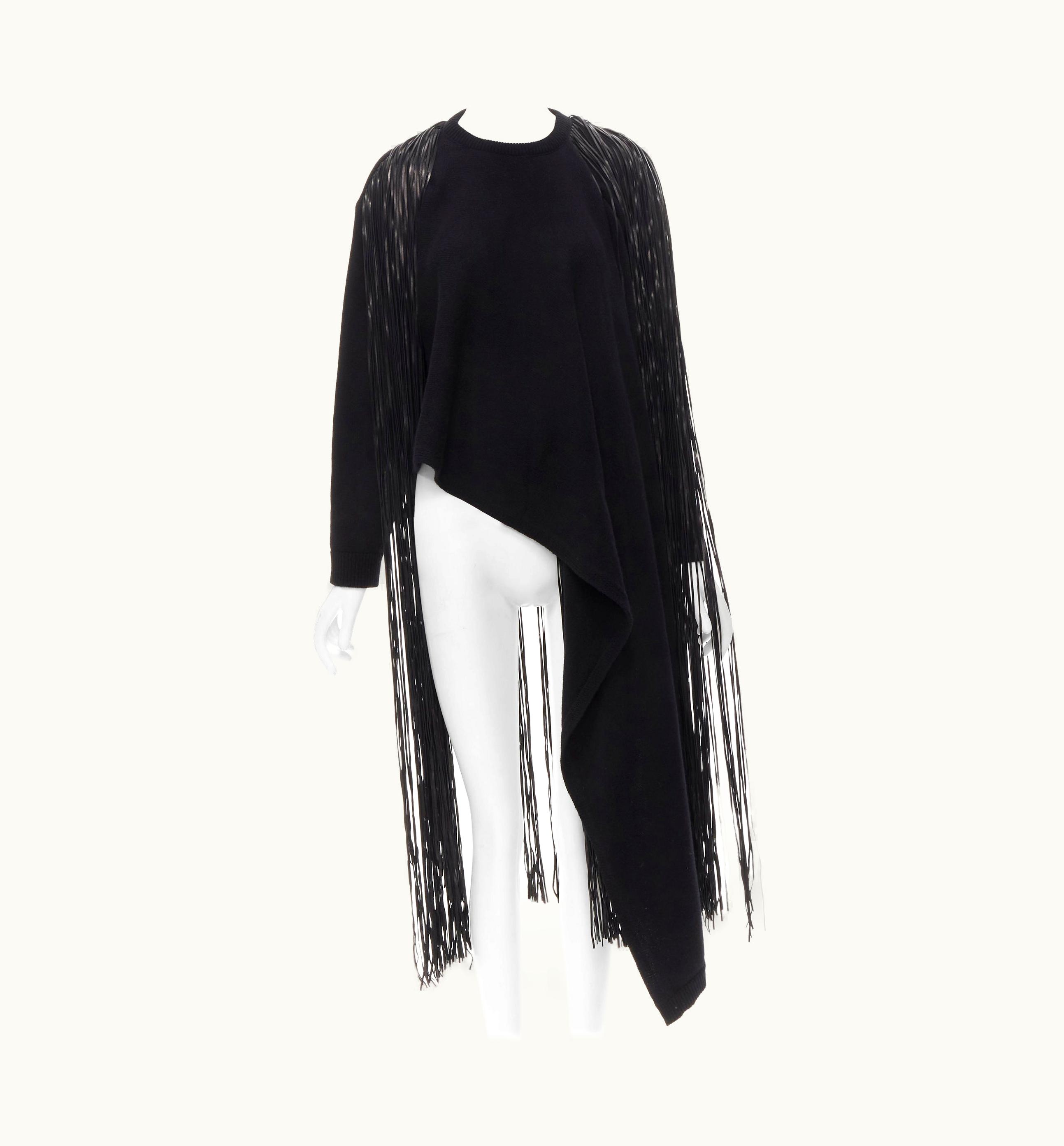 Valentino Black Virgin Wool Cashmere Leather Fringe Wrap Scarf Sweater