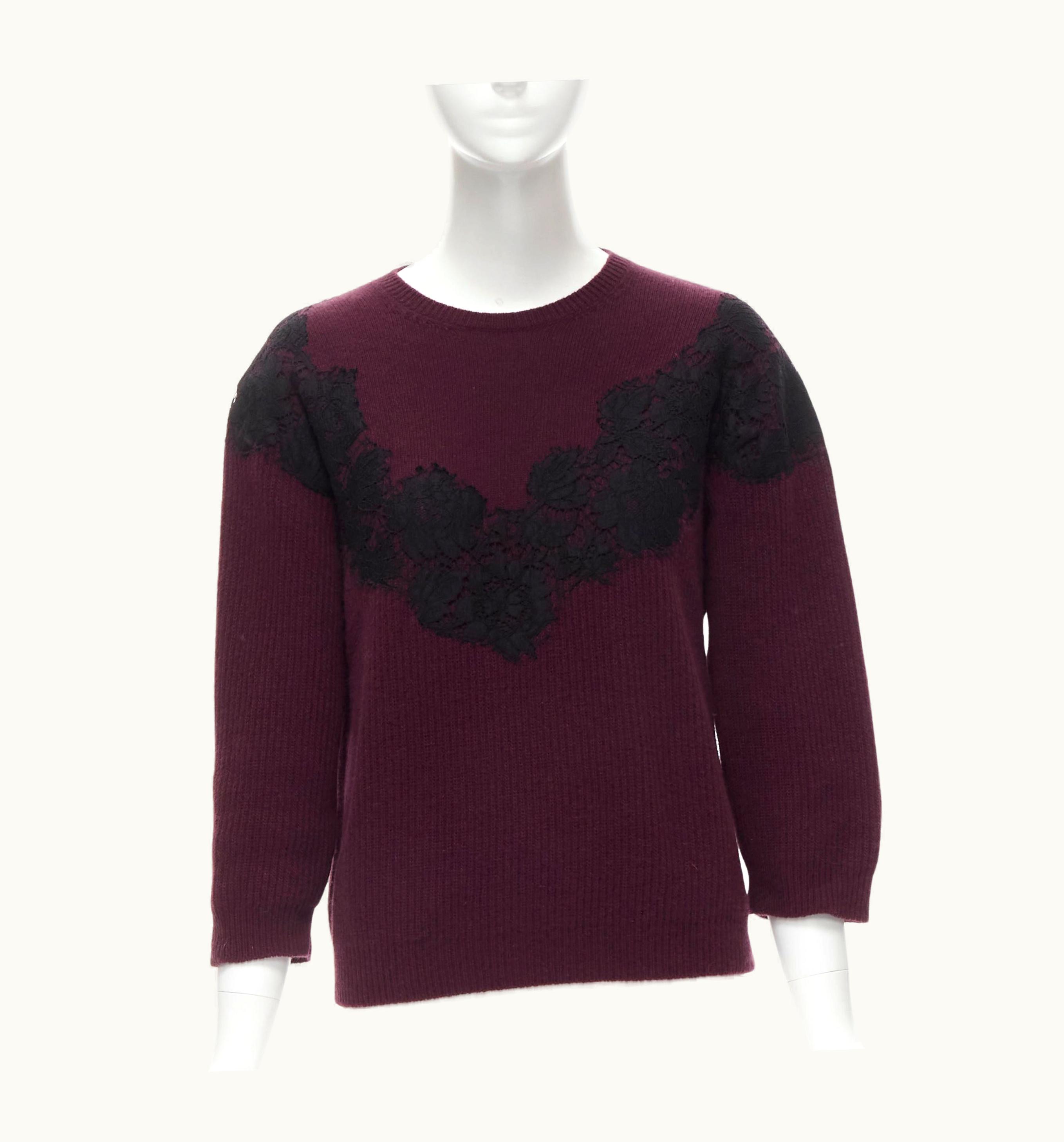 Valentino Burgundy Red Virgin Wool Cashmere Black Floral Lace Applique Sweater