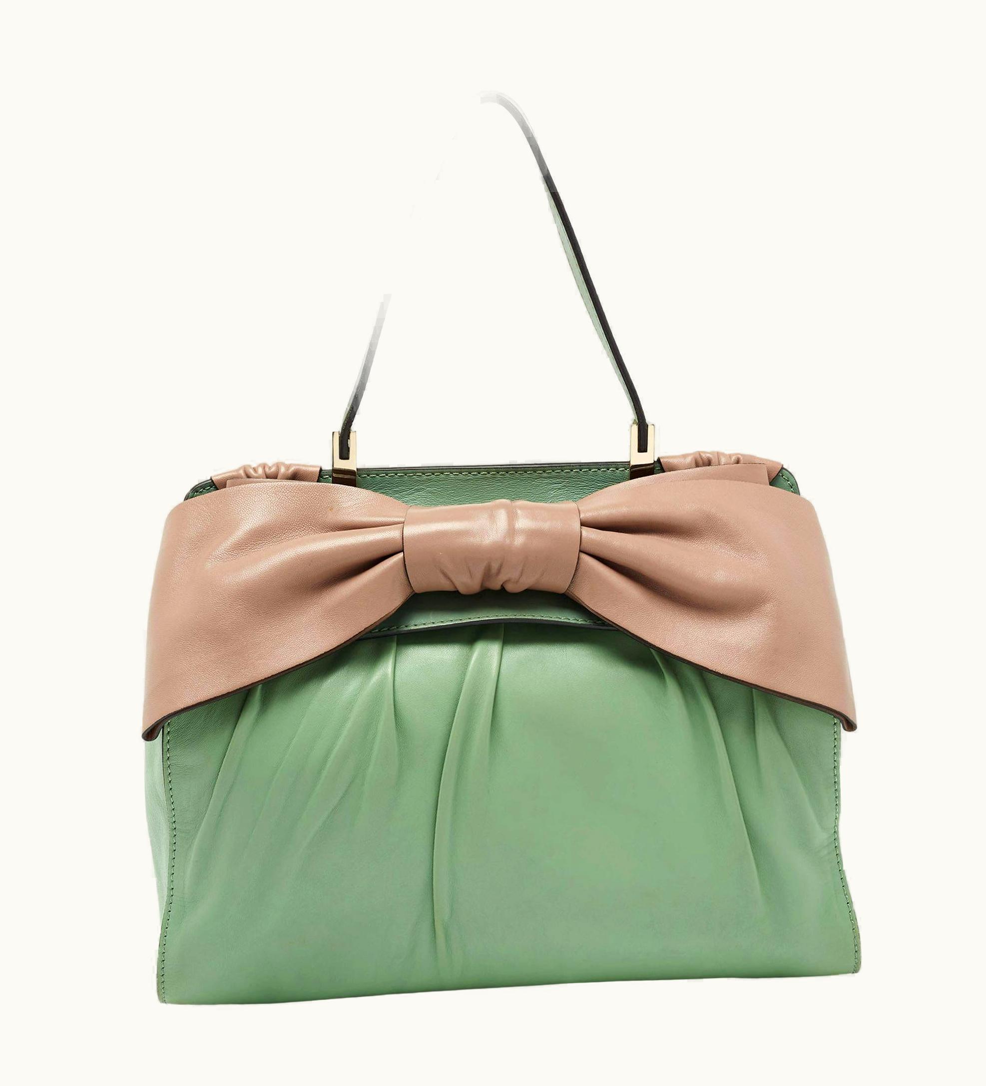 Valentino Green/Dusty Pink Leather Aphrodite Bow Top Handle Bag