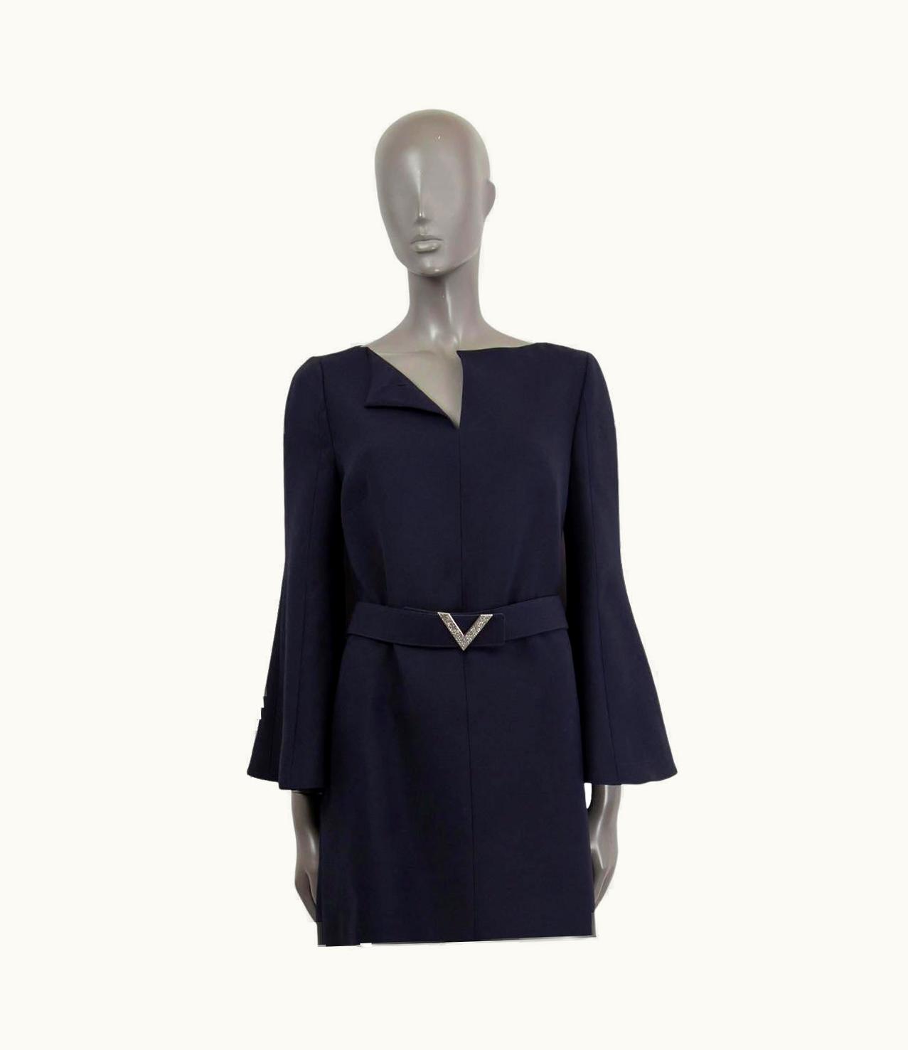 Valentino Navy Blue Wool V Belted Embellished Shift Dress