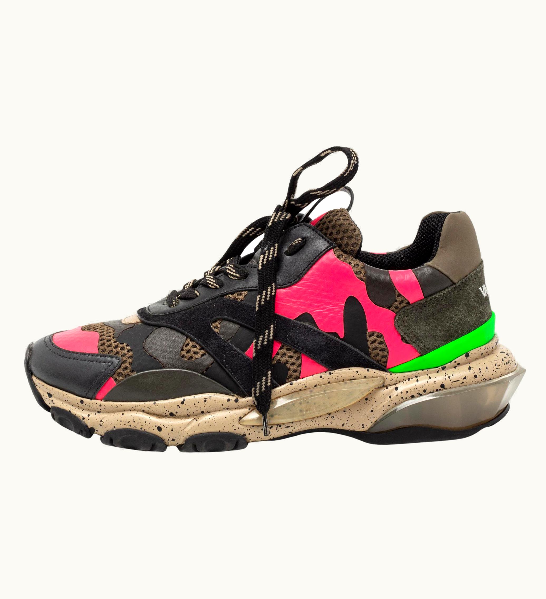Valentino Multicolor Fabric And Leather Camouflage Bounce Low Top Sneakers