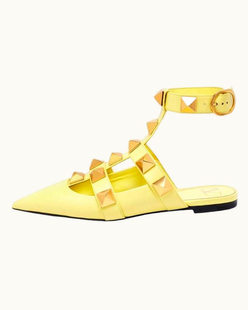 Valentino Lime Yellow Roman Stud Ankle Cuff Flat Mules