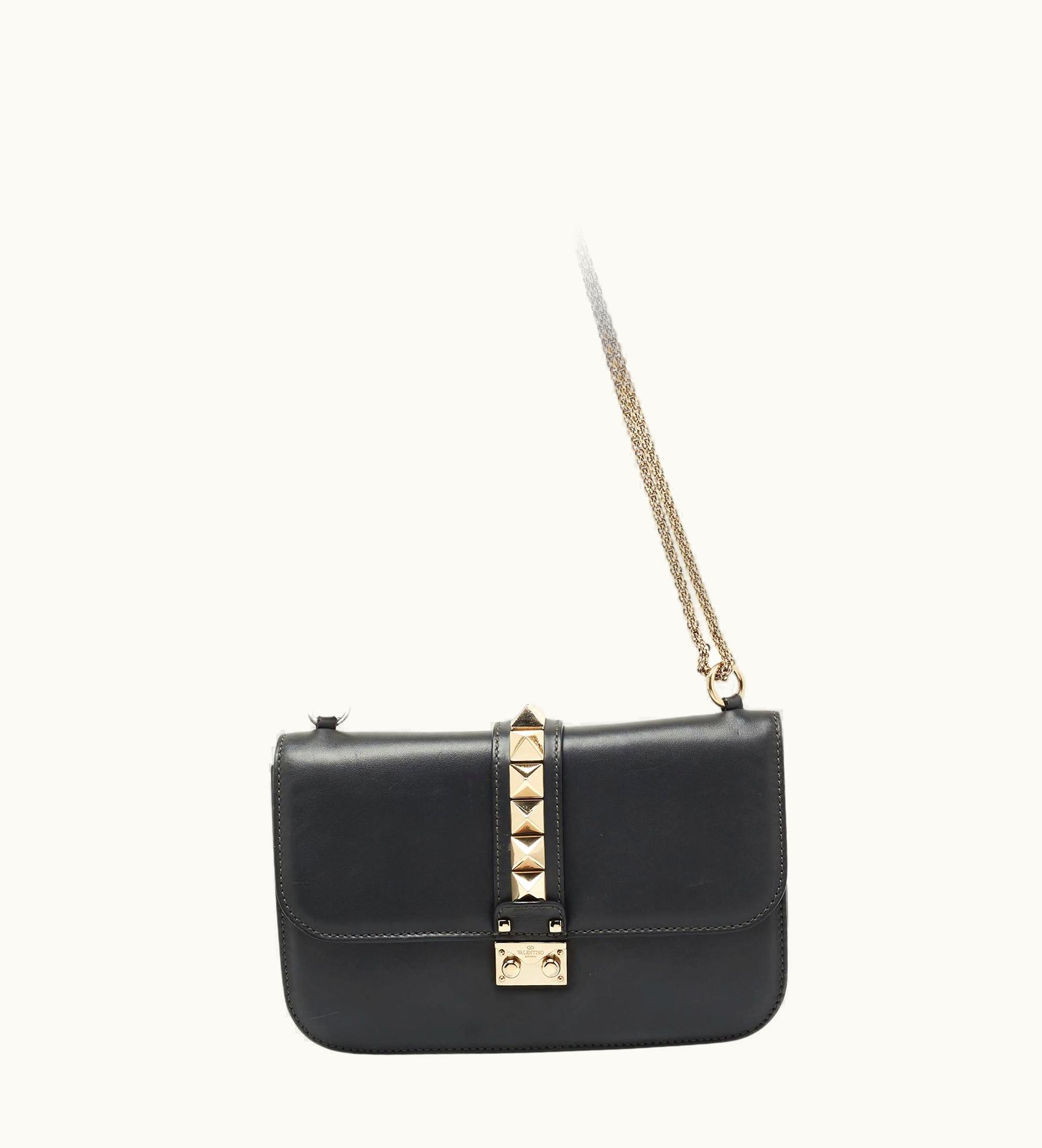 Valentino Dark Grey Leather Rockstud Medium Glam Lock Flap Shoulder Bag