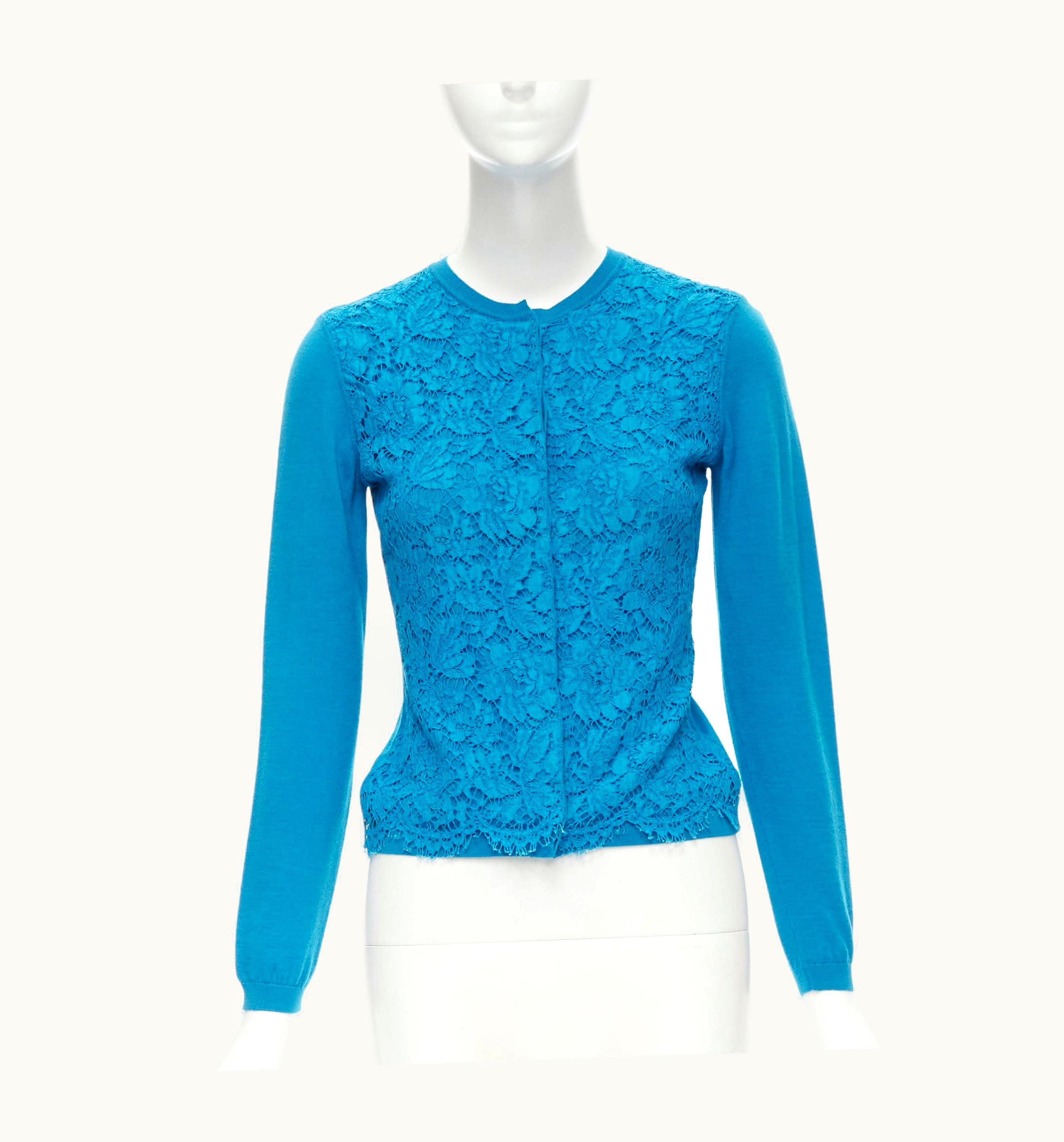 Valentino Blue Floral Lace Front Wool Silk Cashmere Cardigan Sweater
