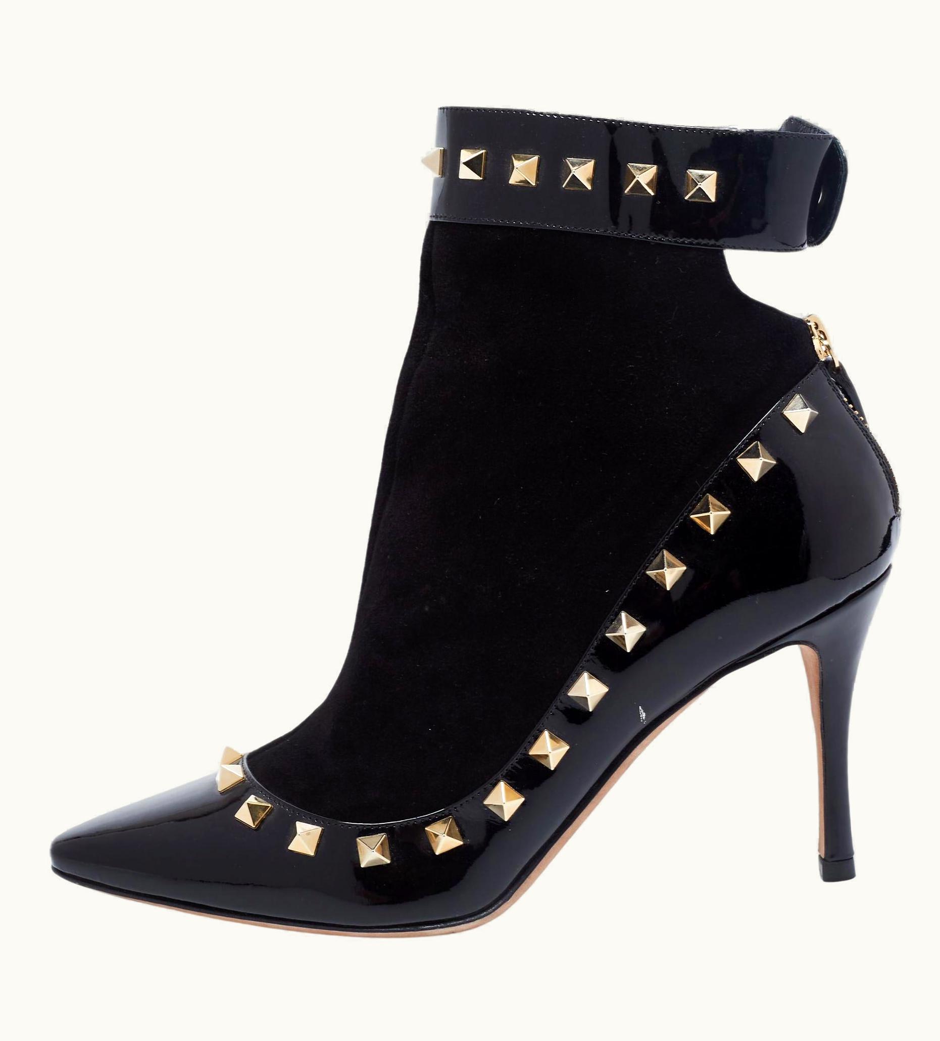 Valentino Black Patent Leather And Suede Rockstud Ankle Boots