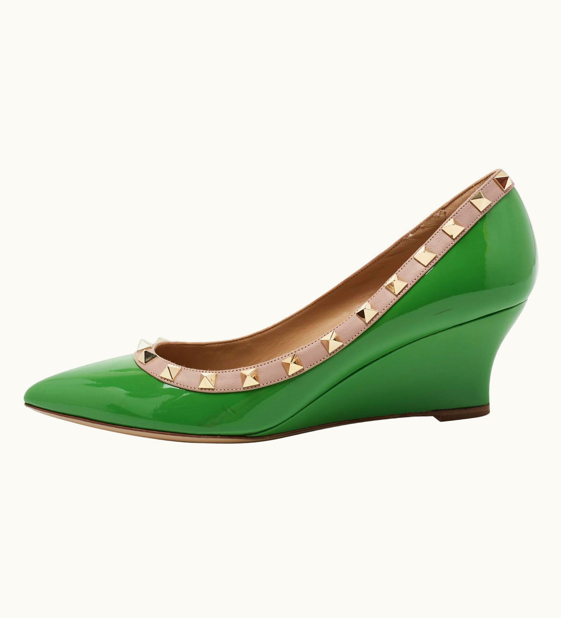 Valentino Green/Beige Patent And Leather Rockstud Wedge Pumps
