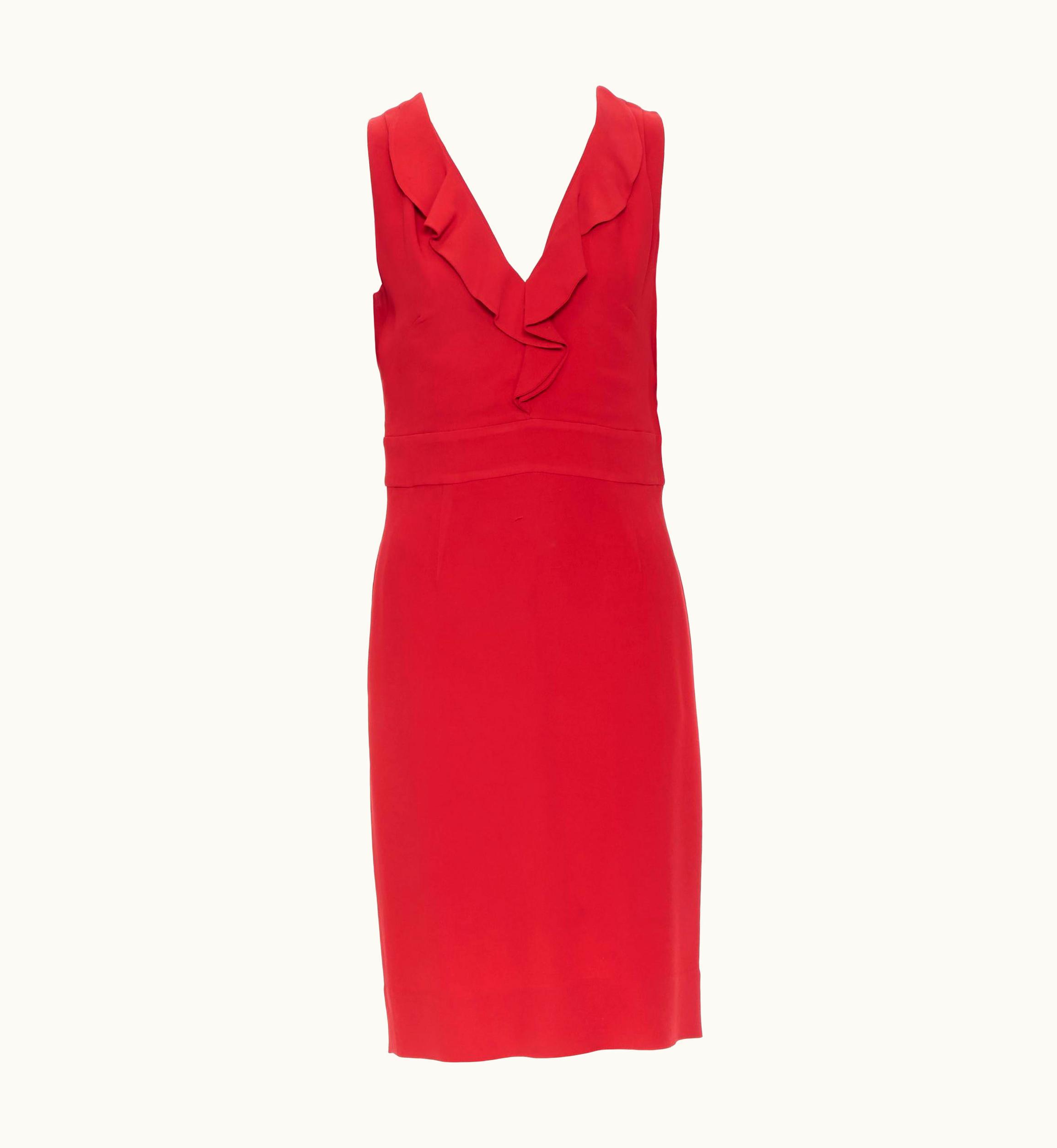 Valentino Red Crepe Ruffle Plunge Neck Sheath Cocktail Dress