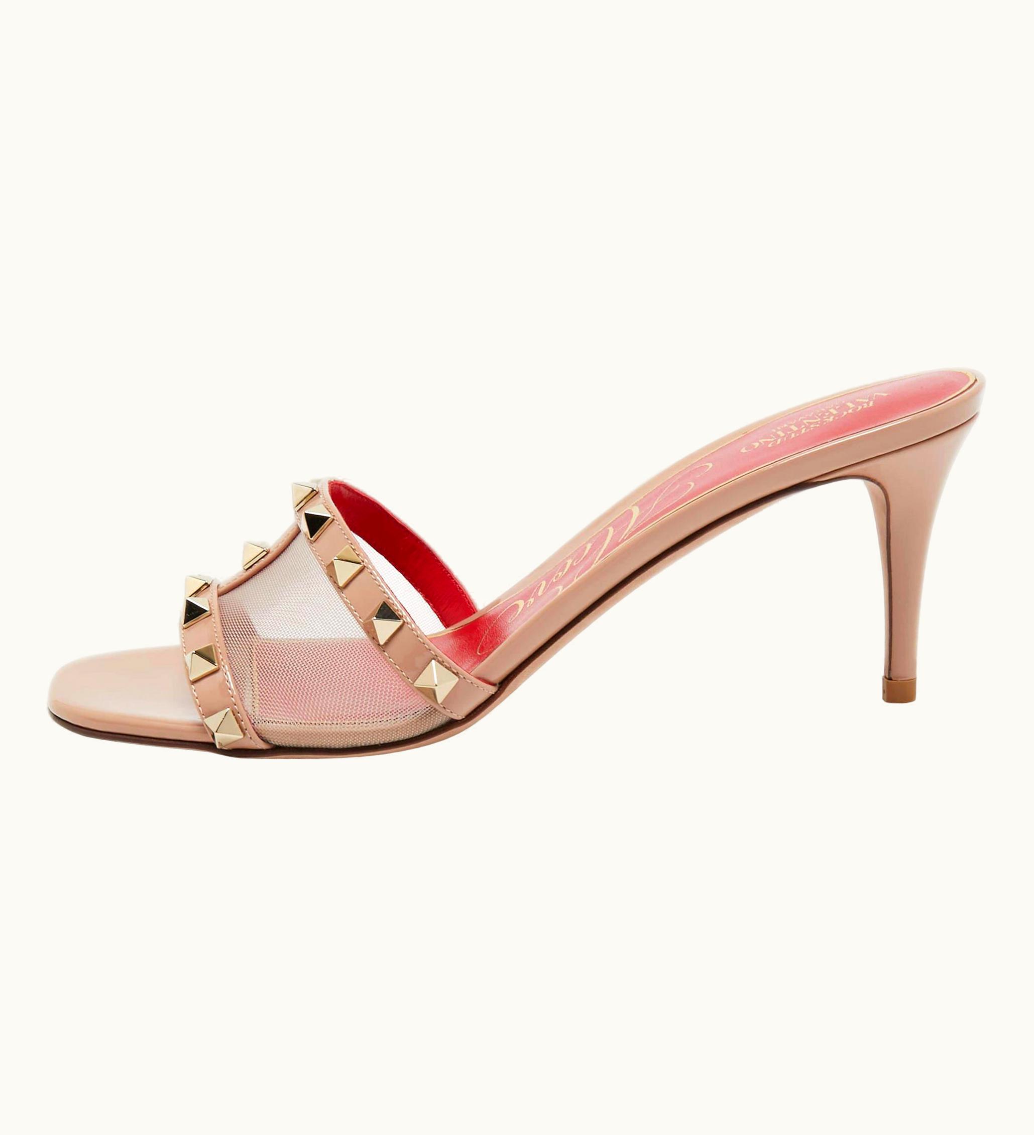 Valentino Beige Patent Leather And Mesh Rockstud Slide Sandals