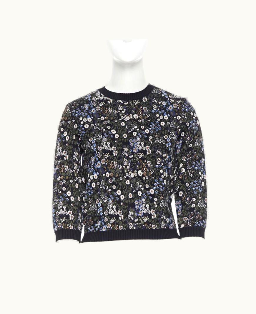 Valentino Navy Floral Jacquard Viscose Polyester Blend Knit Sweater Top