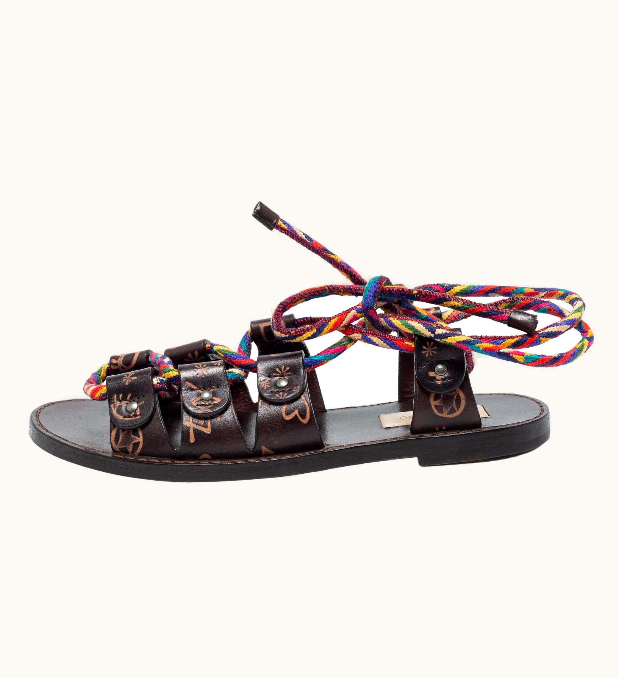 Valentino Brown Leather And Multicolor Cord Flat Gladiator Sandals