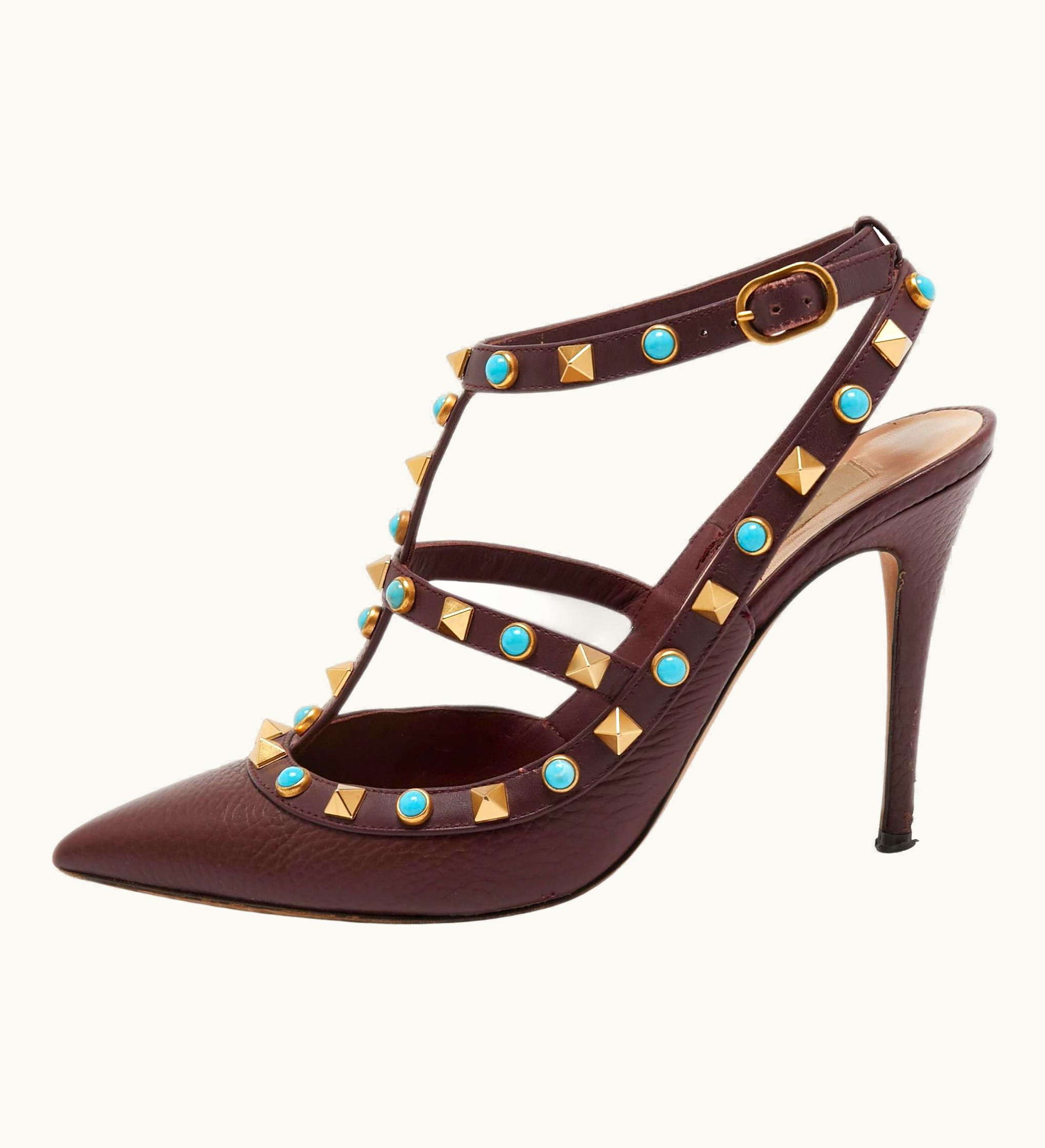 Valentino Burgundy Leather Rolling Rockstud Ankle Strap Pumps