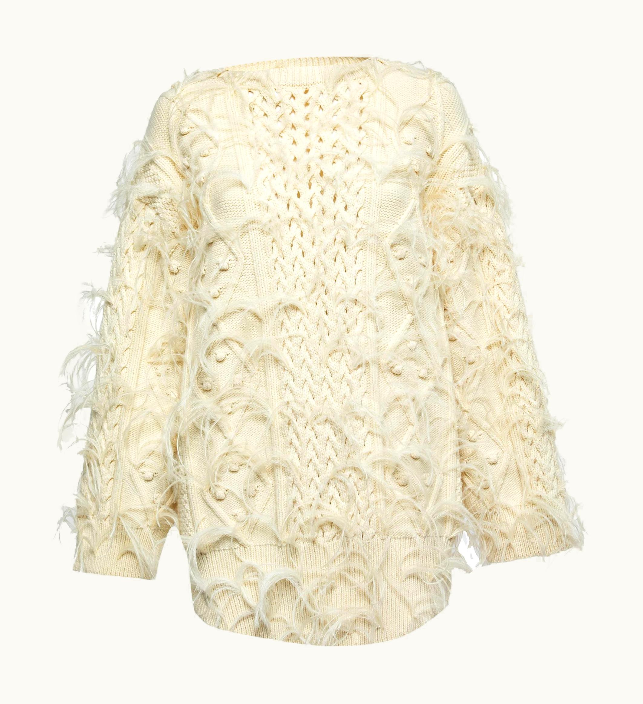 Valentino Cream Wool Knit Feather Embellished Long Sleeve Jumper