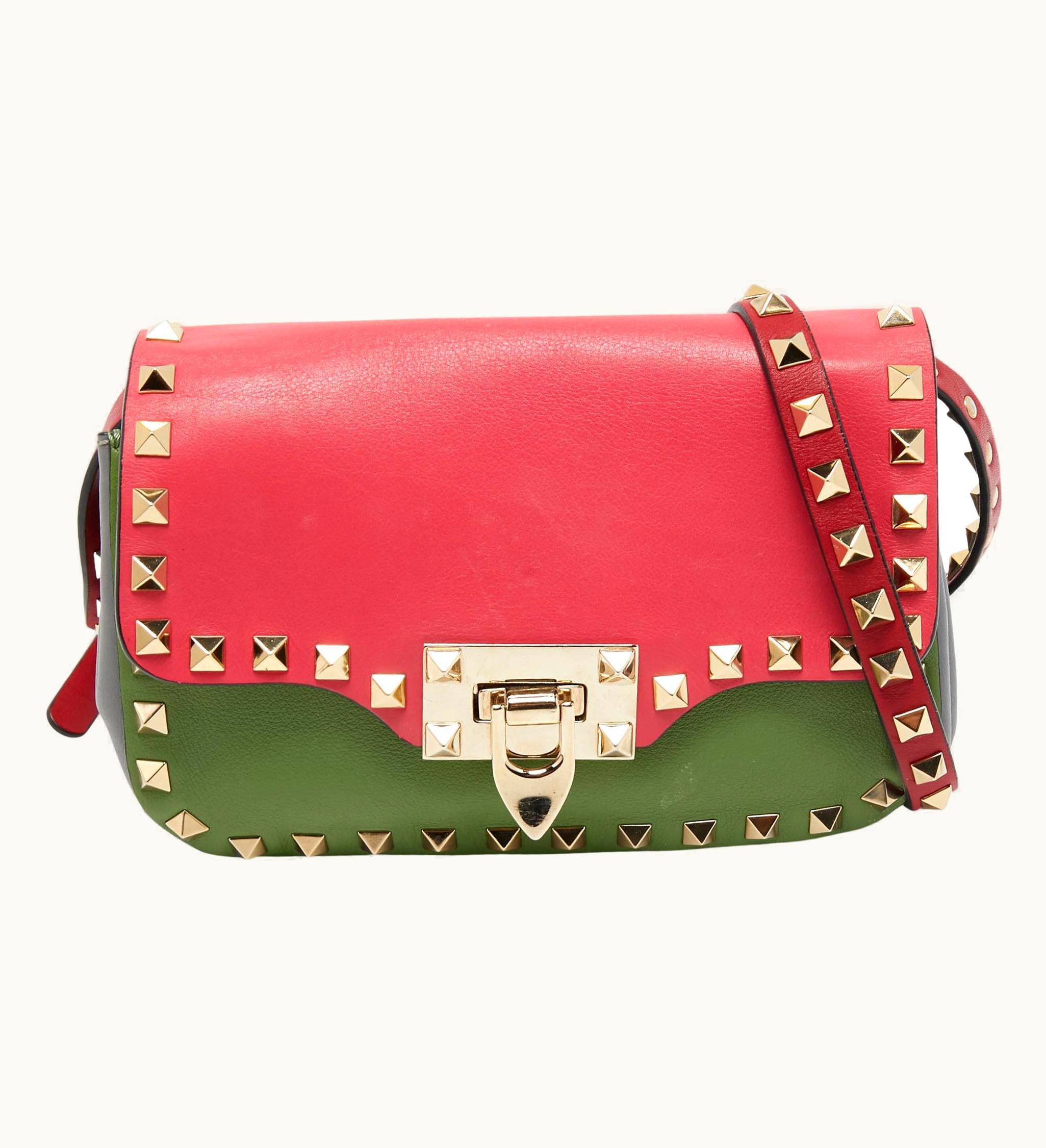 Valentino Tri Color Leather Rockstud Flip Lock Flap Shoulder Bag