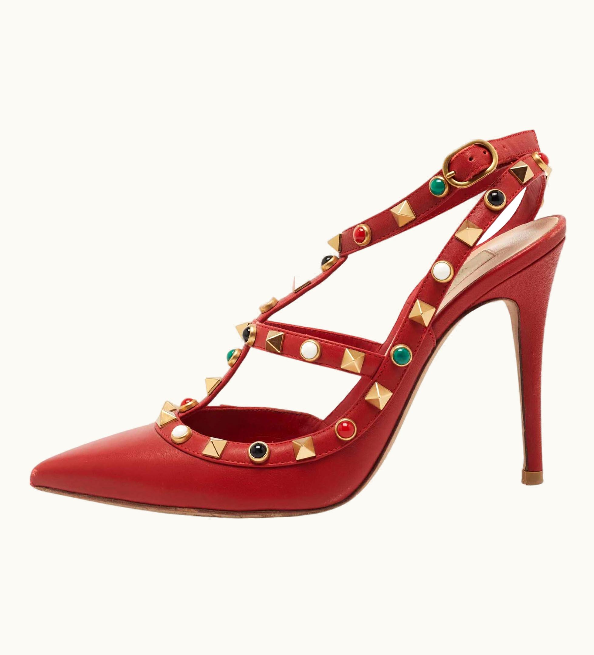Valentino Red Leather Rolling Rockstud Ankle Strap Pumps