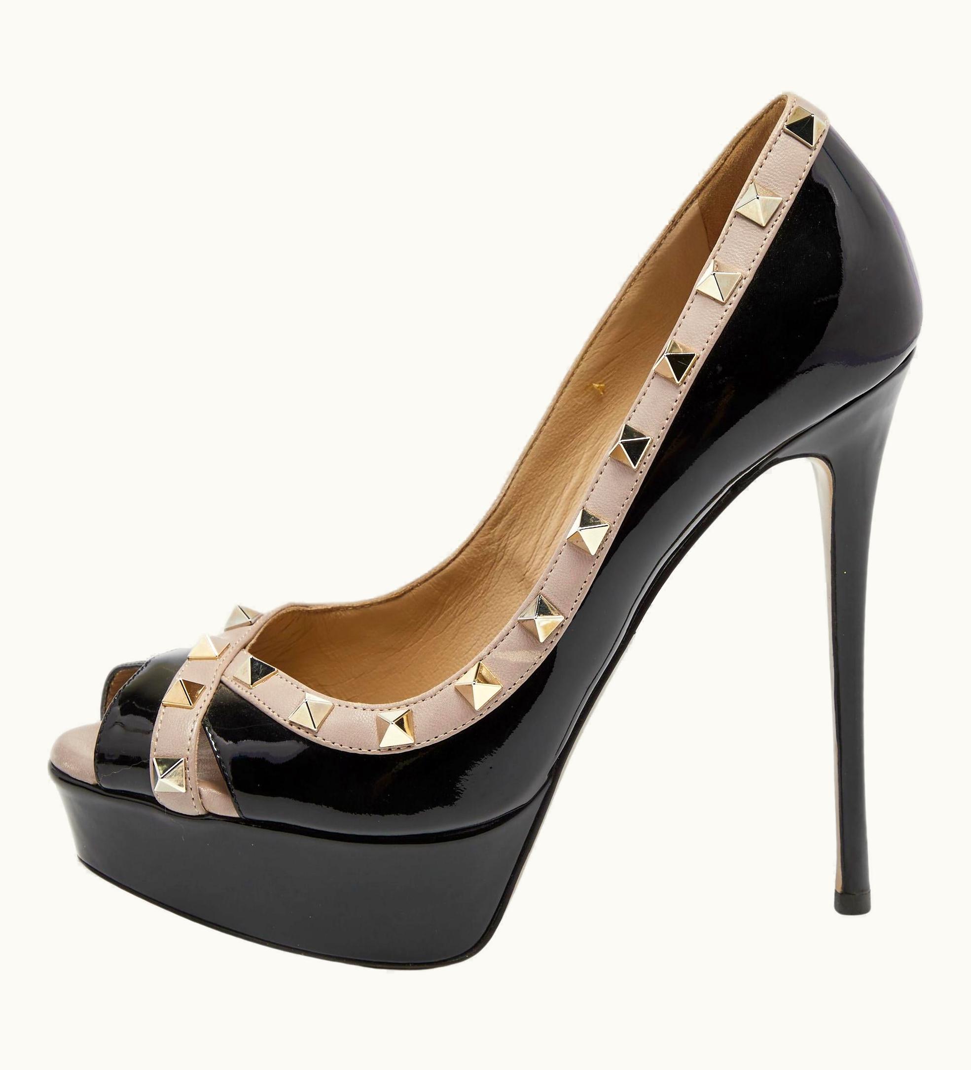 Valentino Black/Beige Patent Crisscross Peep Toe Platform Pumps