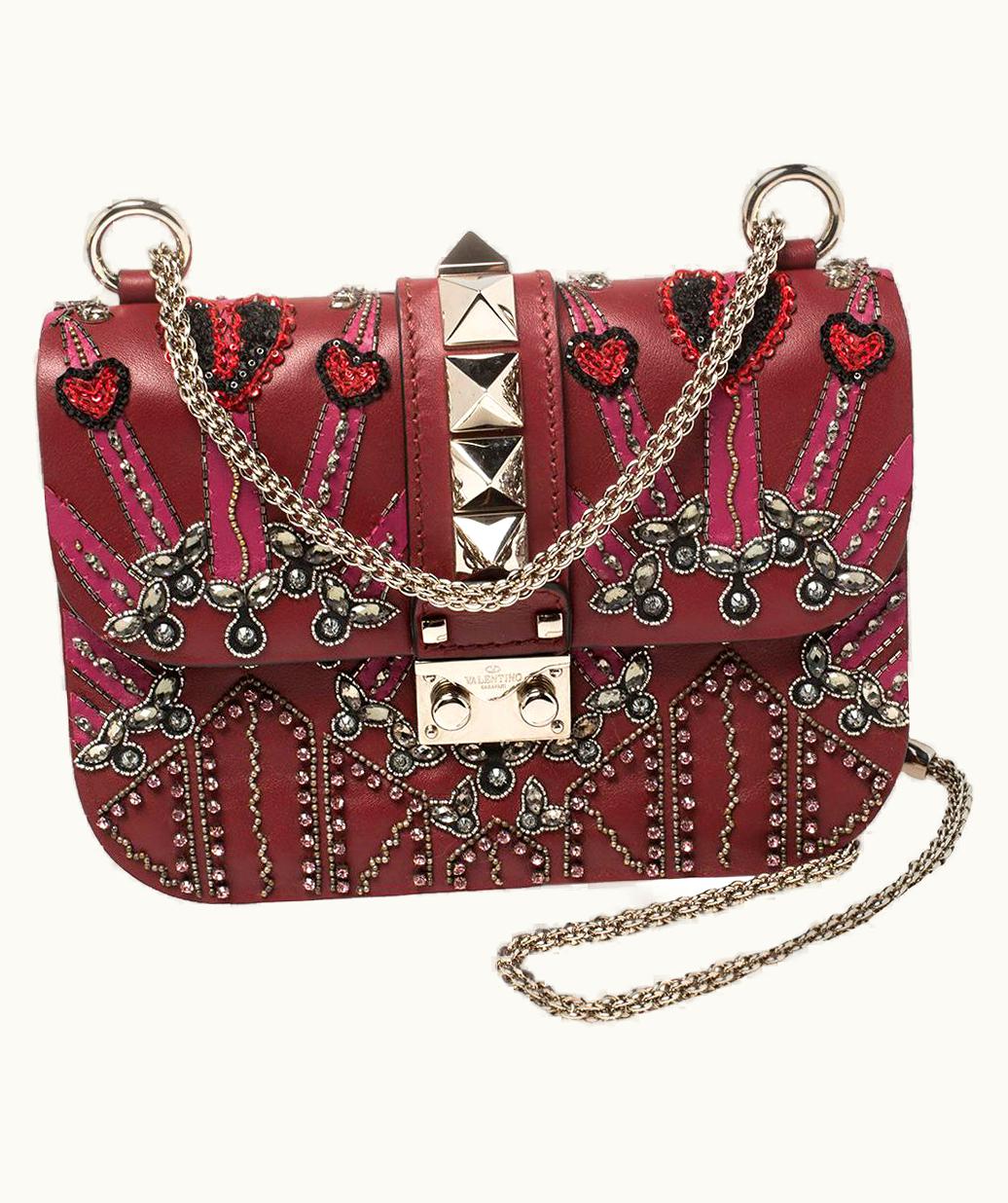 Valentino Burgundy Beads Embellished Leather Small Love Glam Lock Shoulder Bag