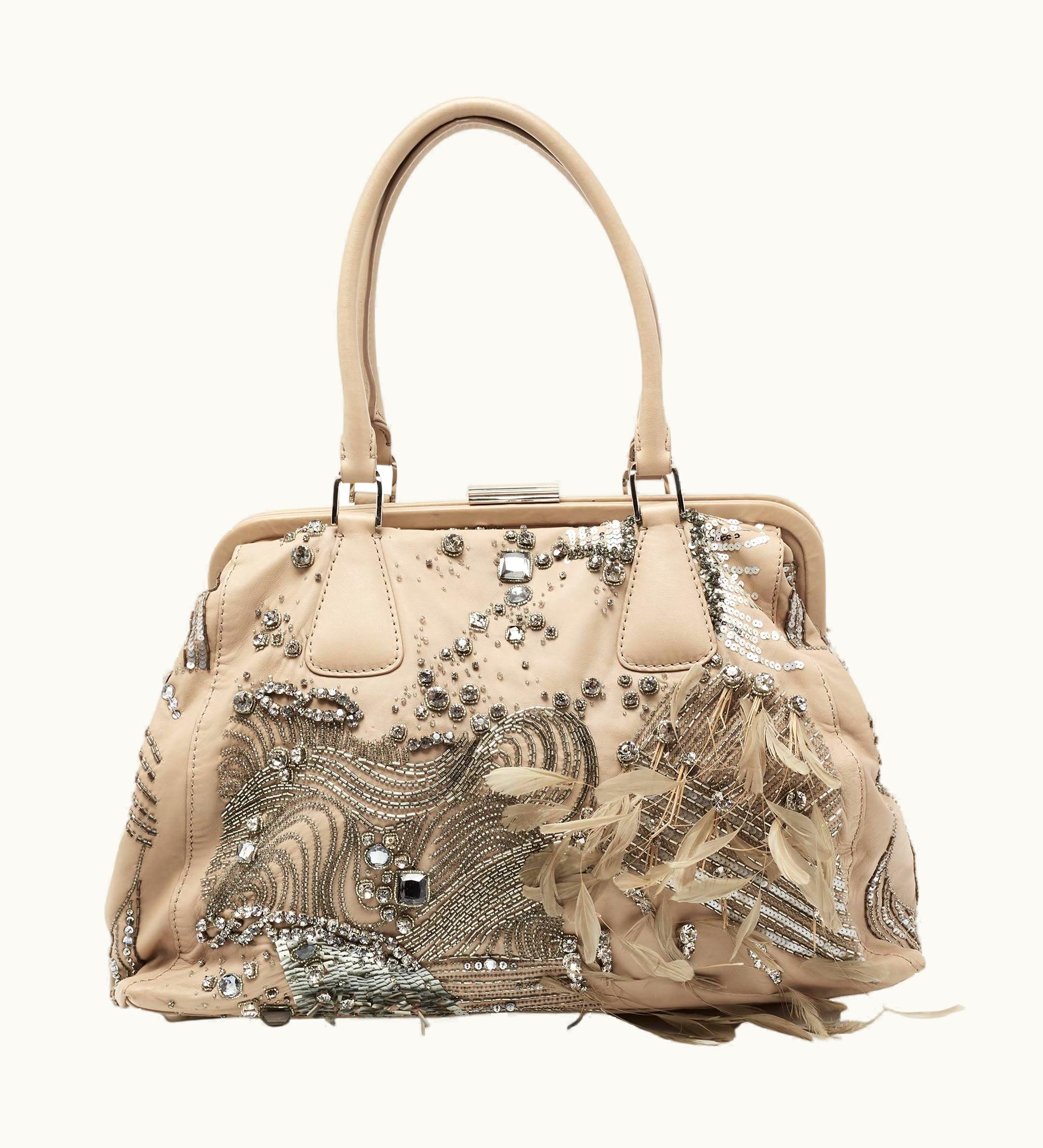 Valentino Beige Leather Crystal Embellished And Feather Alice Glam Frame Bag