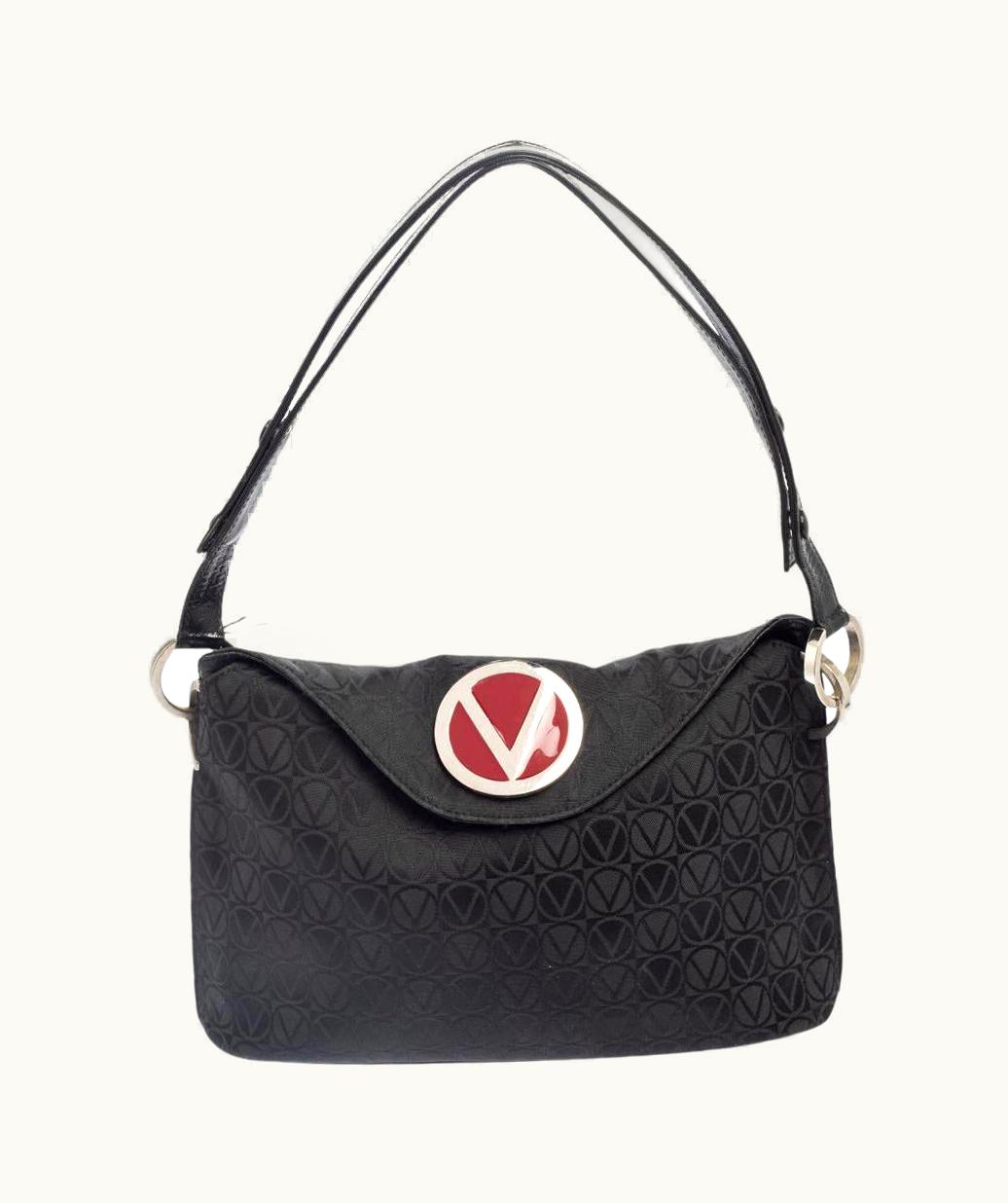 Valentino Black Monogram Canvas And Leather Round VRing Logo Baguette Bag