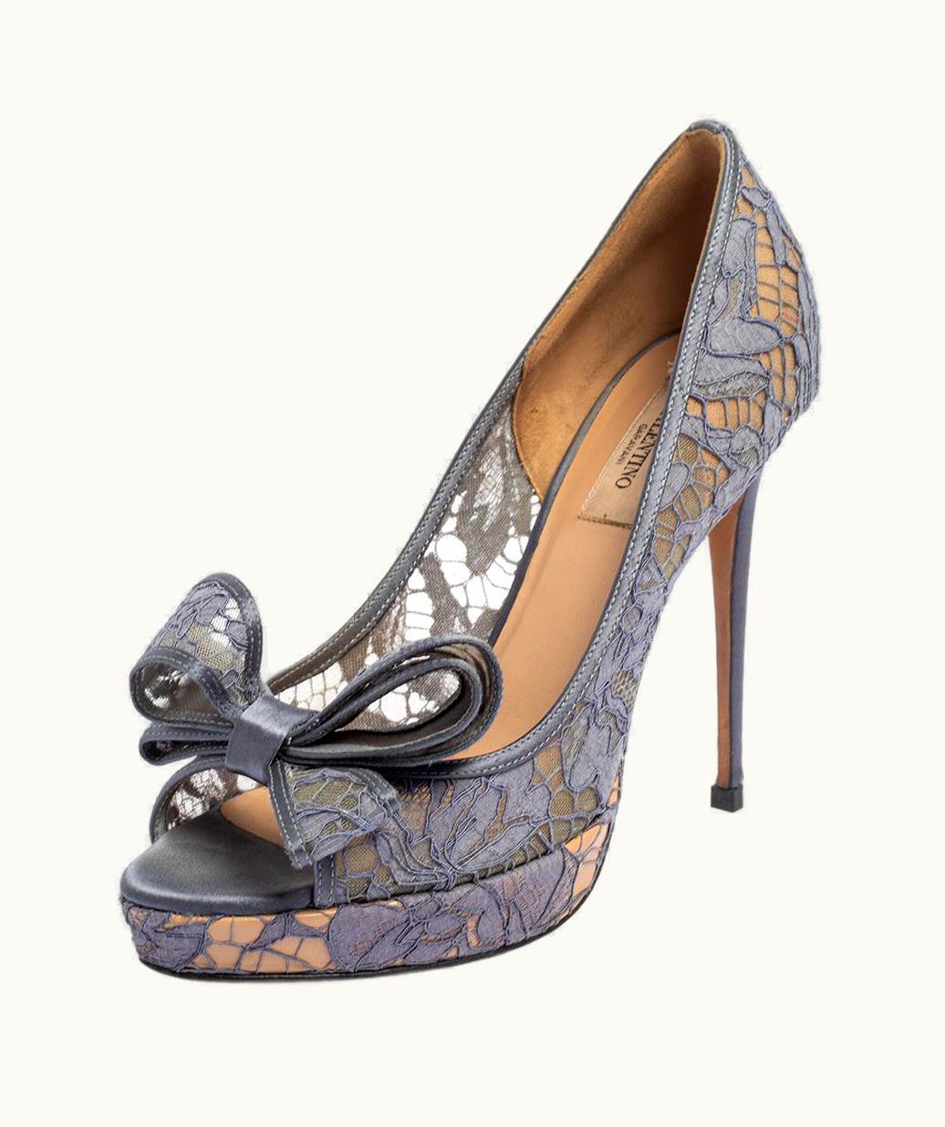 Valentino Grey Lace And Satin Peep Toe Bow Pumps