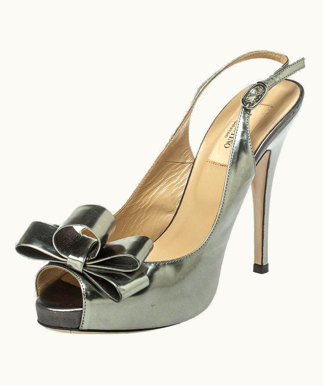 Valentino Metallic Grey Leather Bow Peep Toe Slingback Pumps