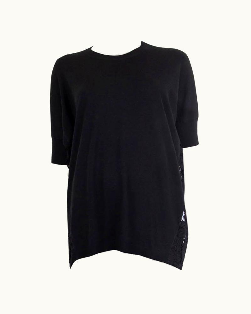 Valentino Black Cotton Viscose Knit & Lace Short Sleeve Shirt