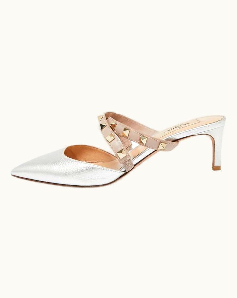 Valentino Silver/Beige Leather Rockstud Strappy Pointed Toe Sandals