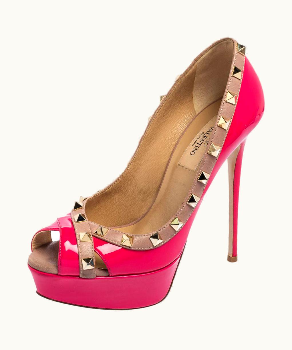 Valentino Pink/Beige Patent Leather Rockstud Crisscross Peep Toe Platform Pumps
