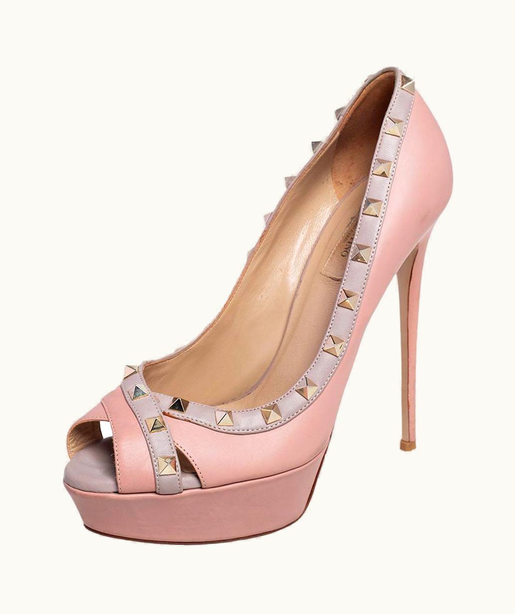 Valentino Rockstud Beige Leather Peep Toe Platform Pumps