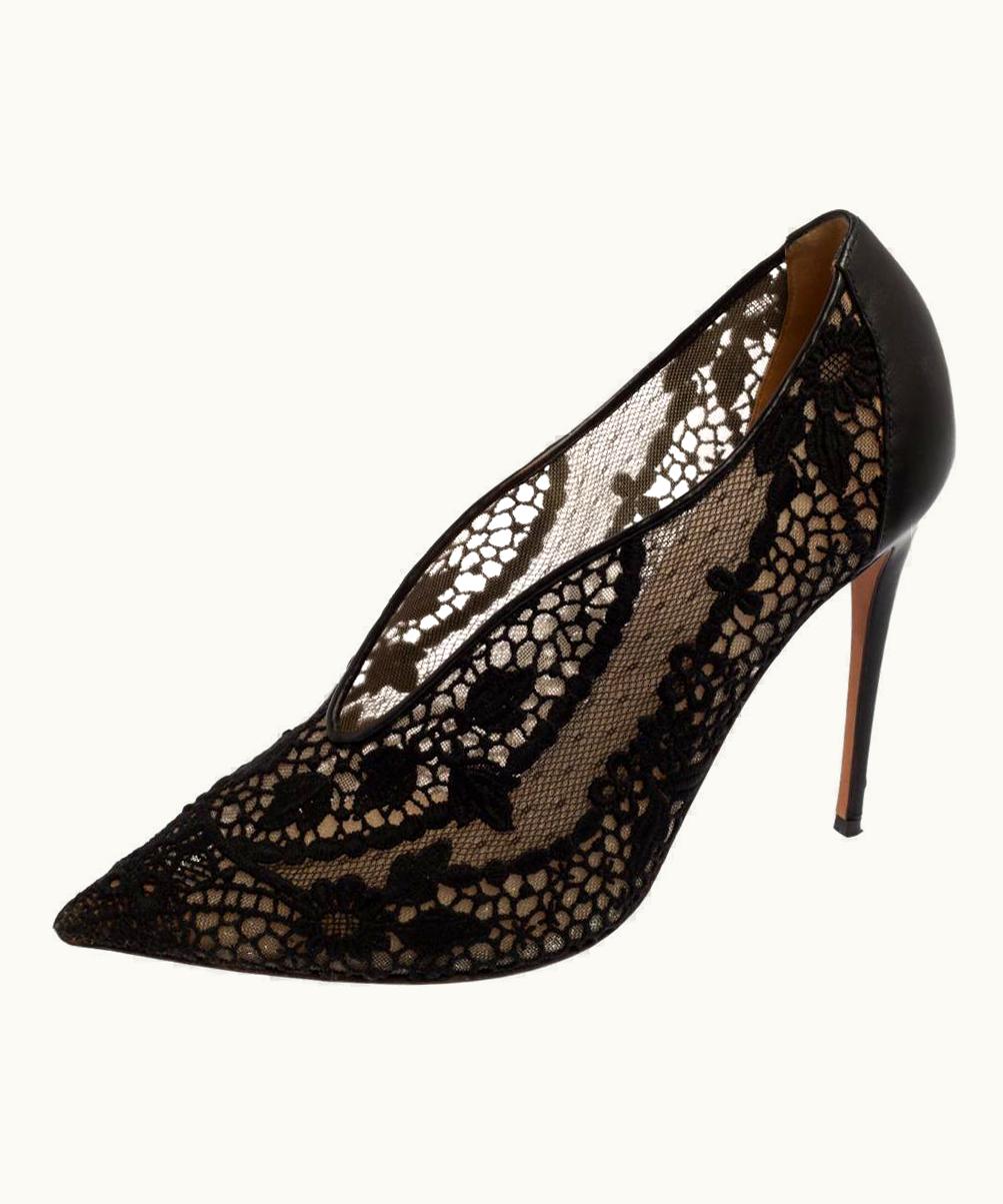 Valentino Black Lace And Mesh Fusion Pointed Toe Pumps