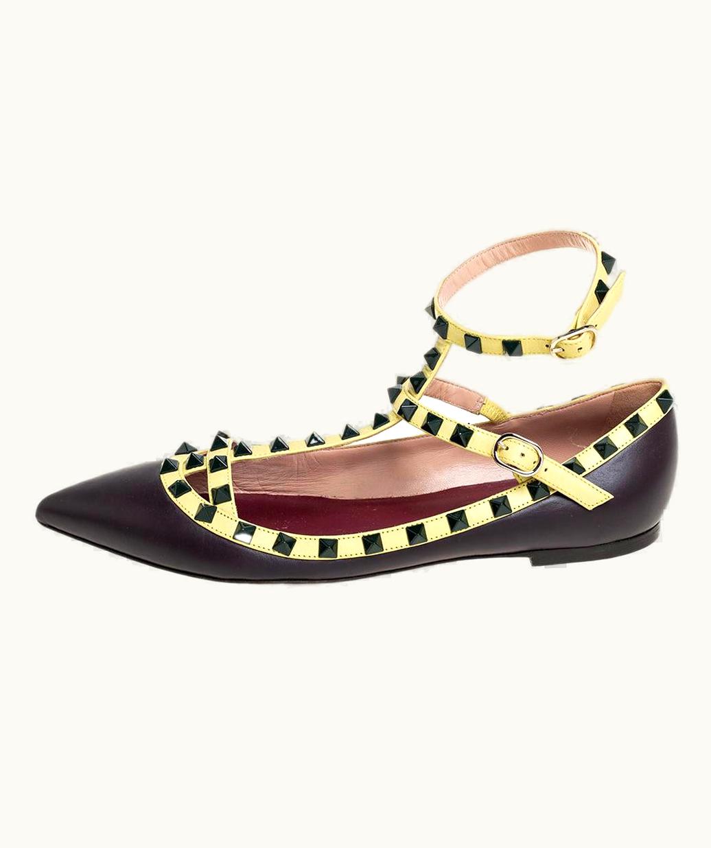 Valentino Brown/Yellow Patent And Leather Rockstud Ballet Flats