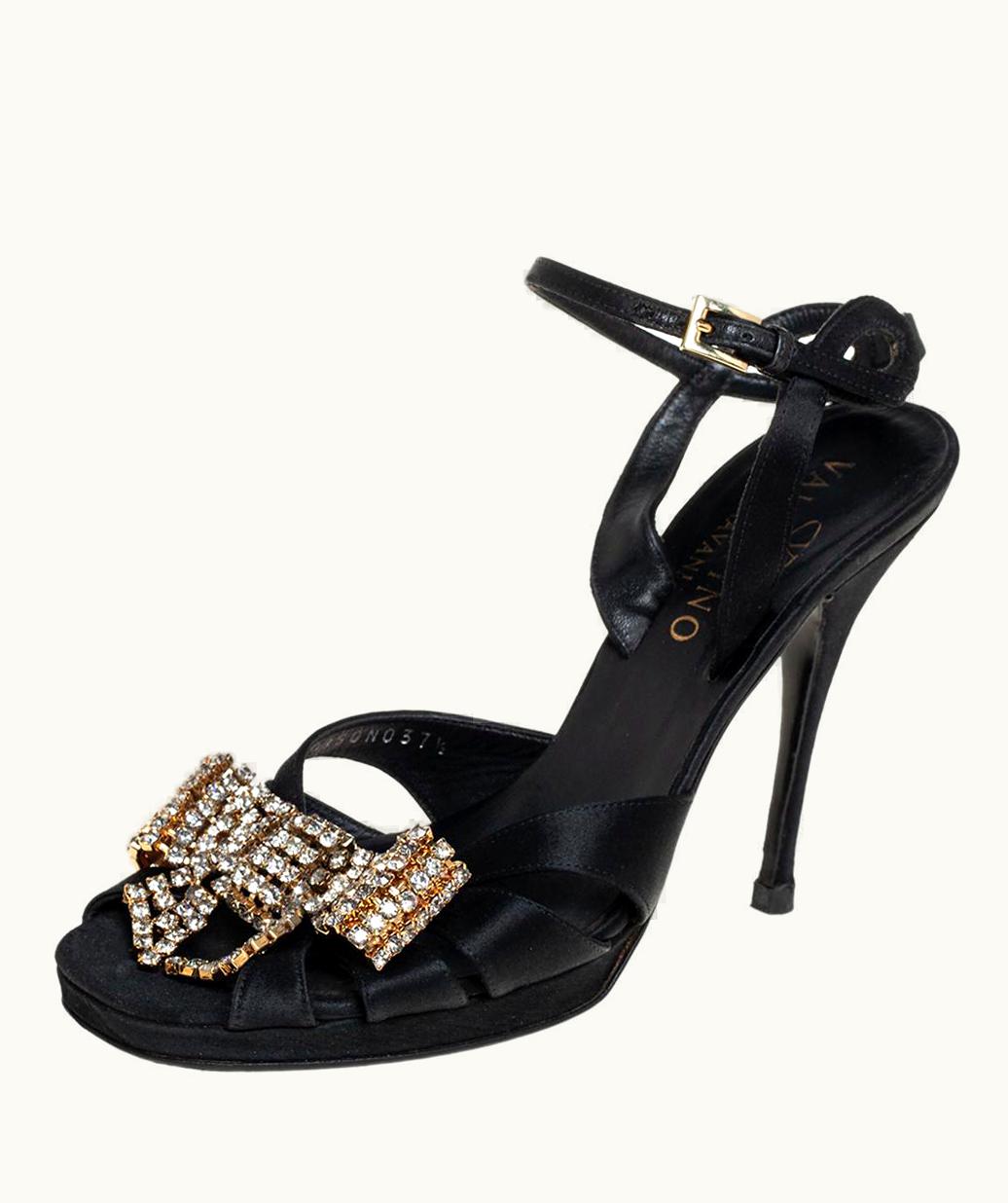 Valentino Black Satin Bow Crystal Embellished Ankle Strap Sandals