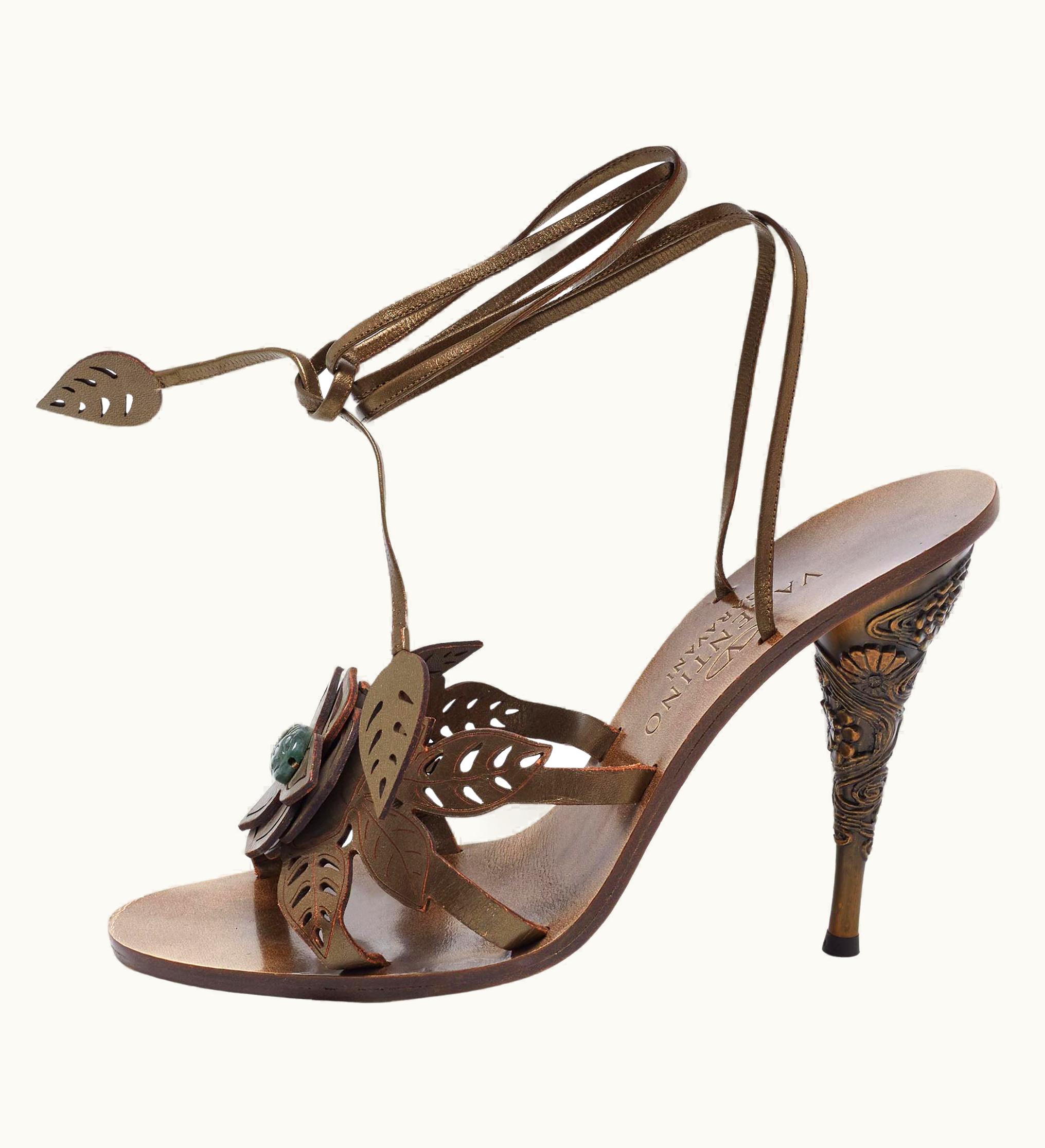Valentino Olive Green Leather Leaf Applique Ankle-Tie Sandals