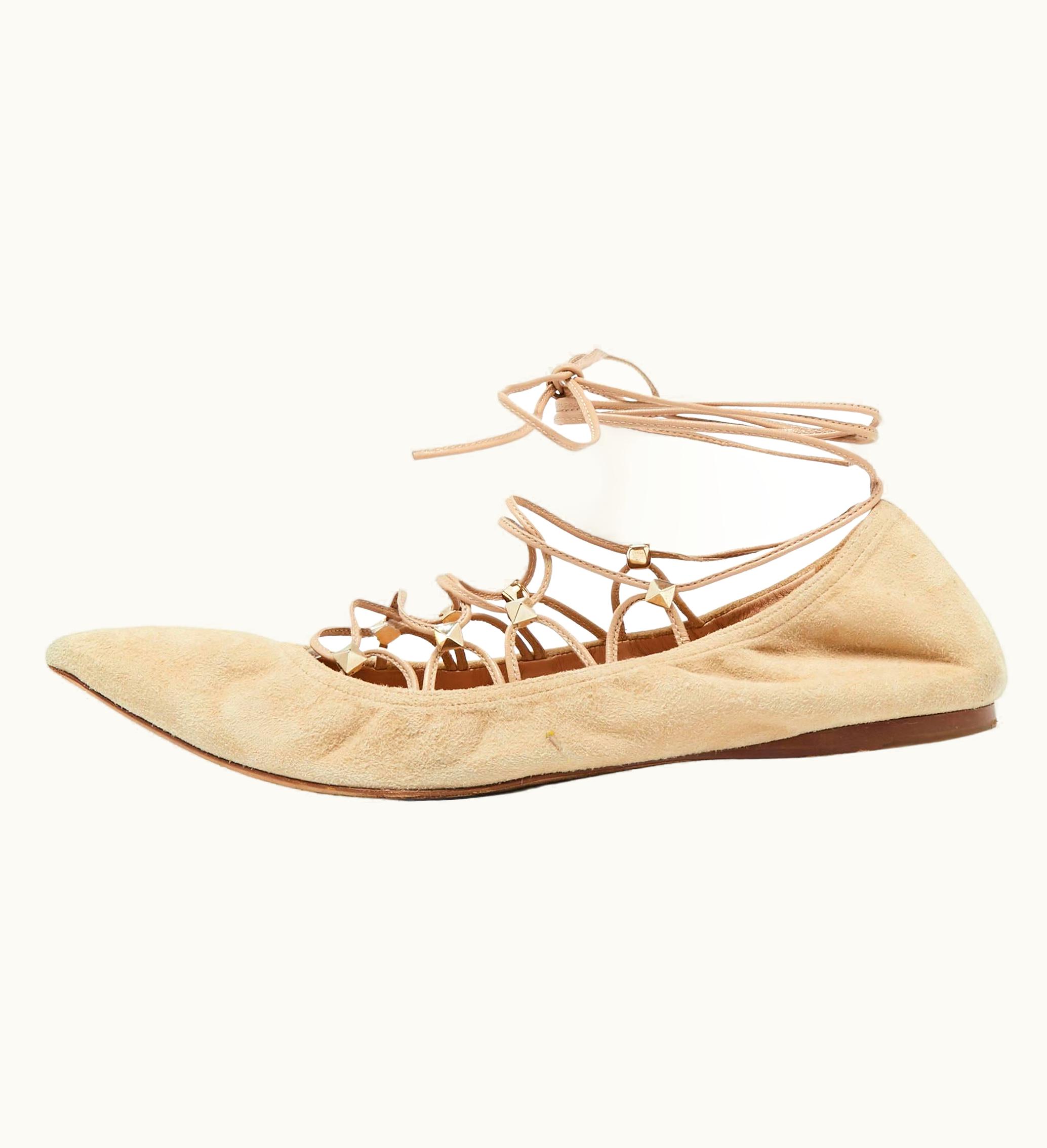 Valentino Beige Suede Pointed Toe Ankle Wrap Ballet Flats