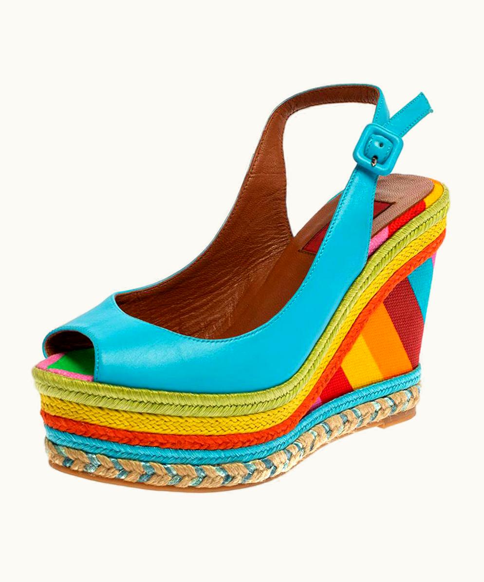 Valentino Blue Leather Peep Toe Singback Rainbow Wedge Sandals