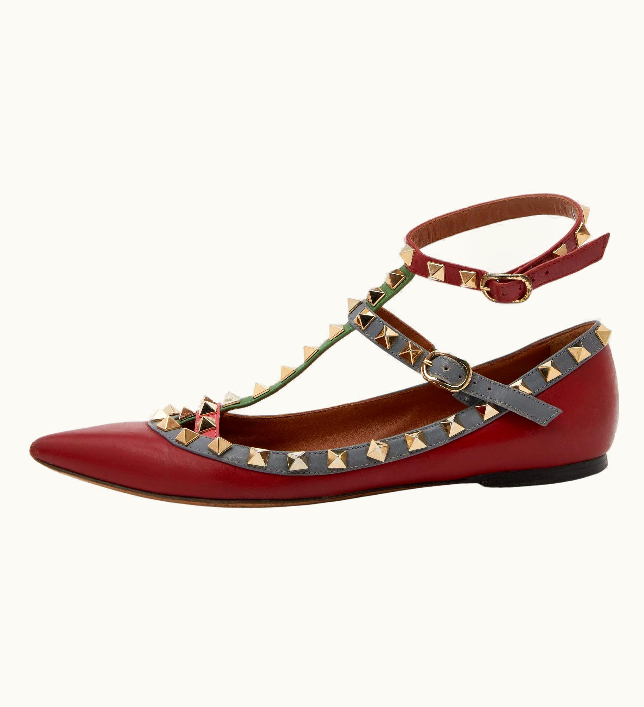 Valentino Red Leather Rockstud Caged Ankle Cuff Ballet Flats
