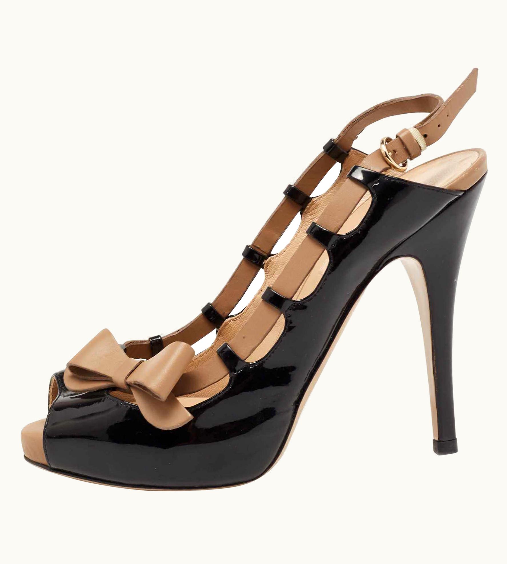 Valentino Patent Leather And Leather Bow Detail Platform Slingback