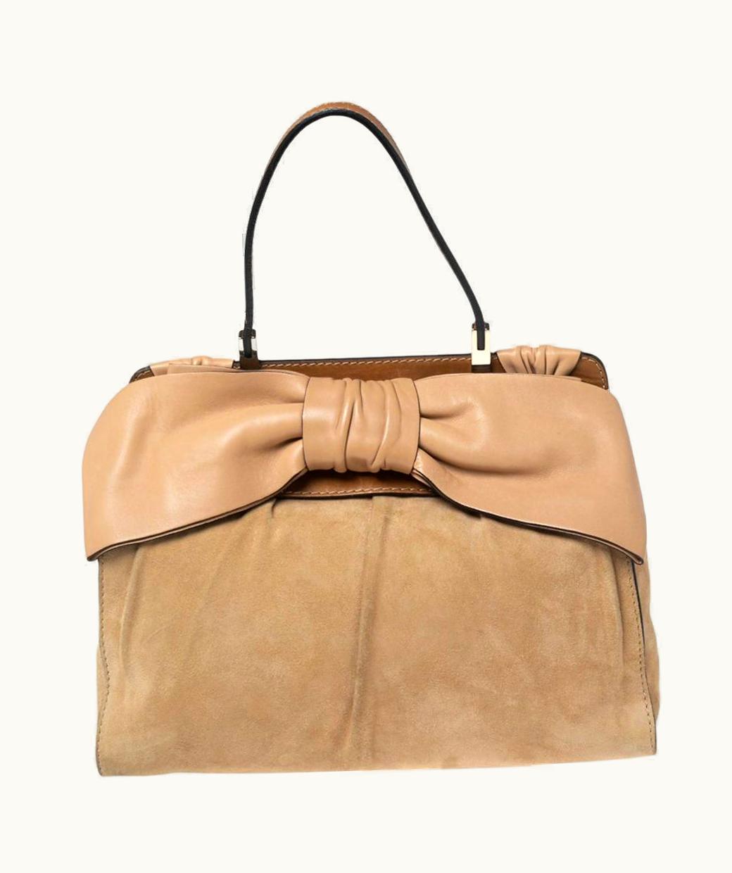 Valentino Beige/Brown Suede And Leather Aphrodite Bow Top Handle Bag