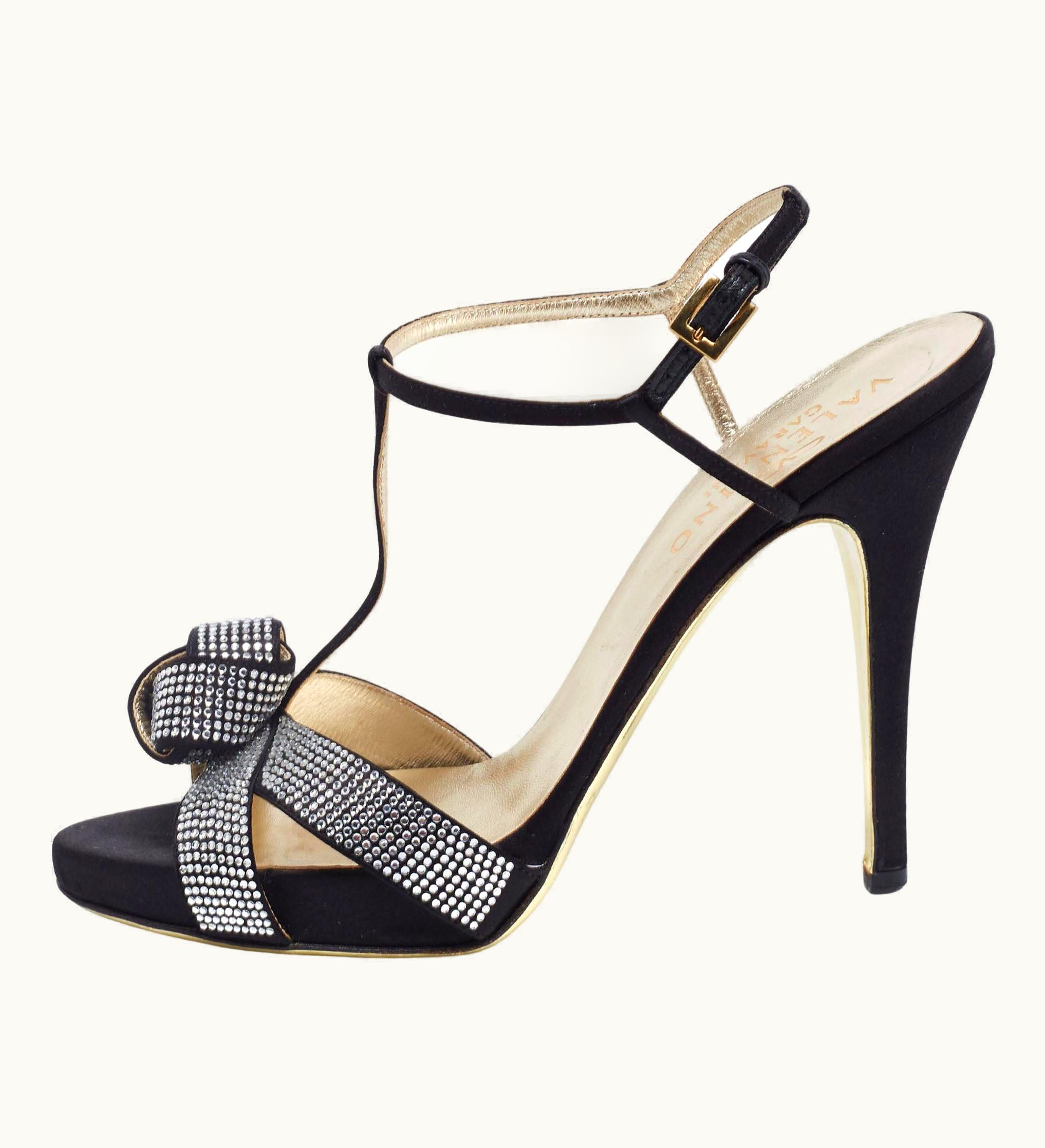 Valentino Black Satin Crystal Embellished Knotted Ankle Wrap Sandals
