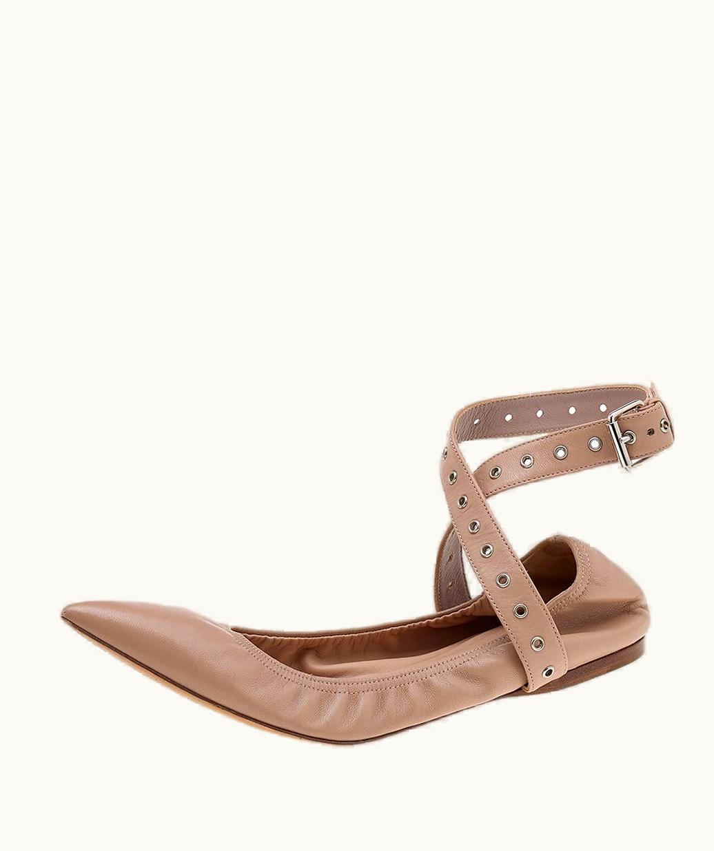 Valentino Beige Leather Love Latch Pointed Toe Ballet Flats UZ0611904