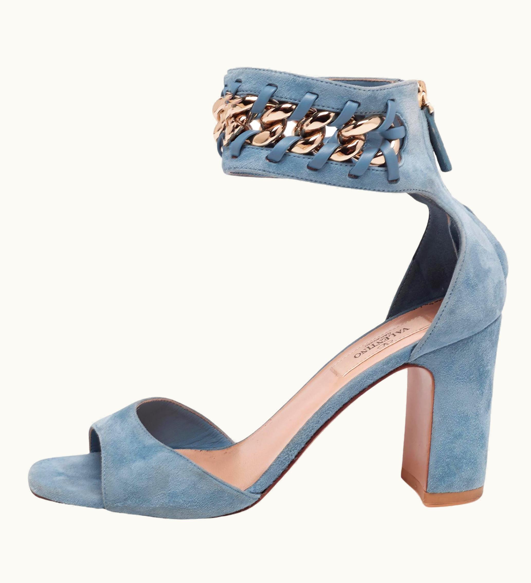 Valentino Blue Suede Chain-Link Accent Ankle Cuff Sandals