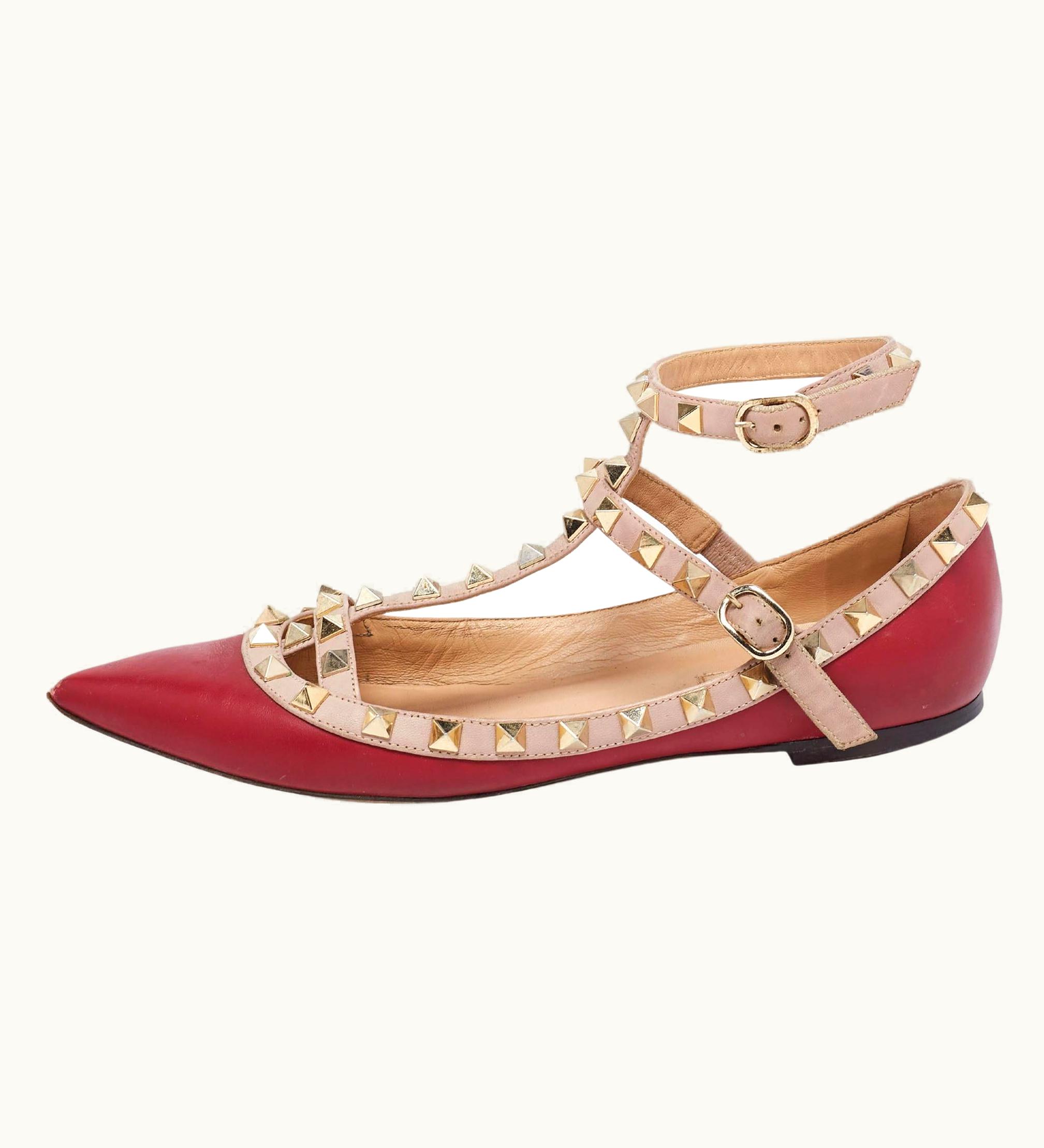 Valentino Burgundy/Pink Leather Rockstud Ankle-Strap Ballet Flats