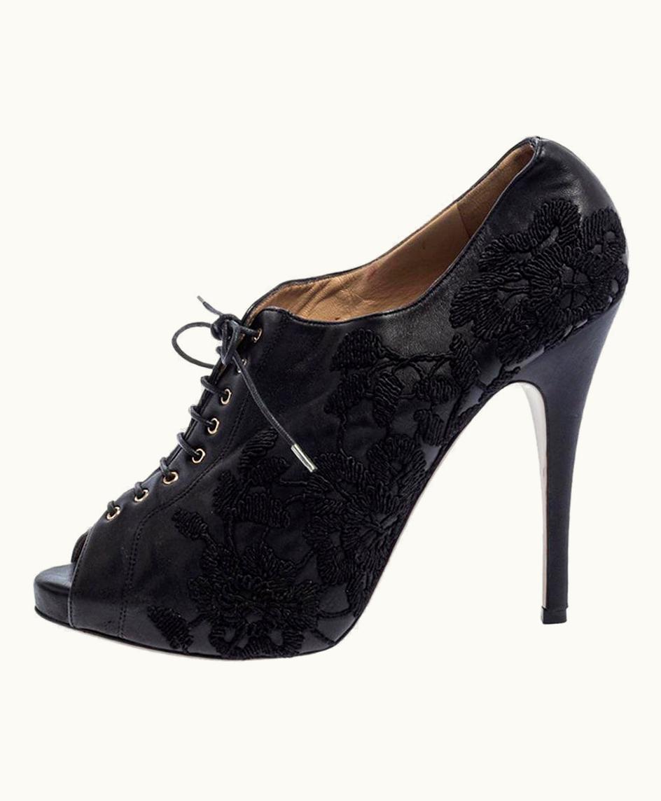 Valentino Black Leather Floral Embroidered Peep Toe Ankle Booties