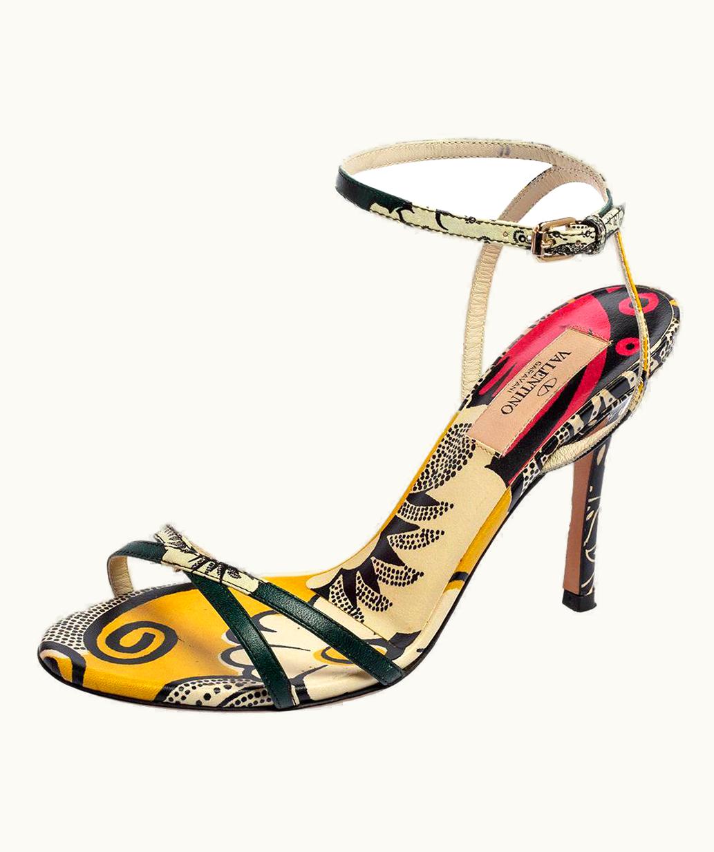 Valentino Multicolor Printed Leather Criss-Cross Ankle-Strap Sandals