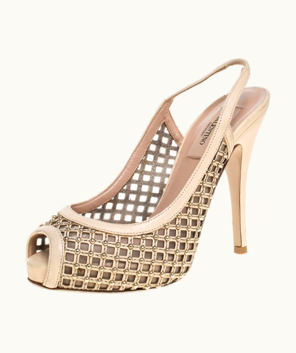 Valentino Beige Lattice Leather And Mesh Studded Slingback Sandals